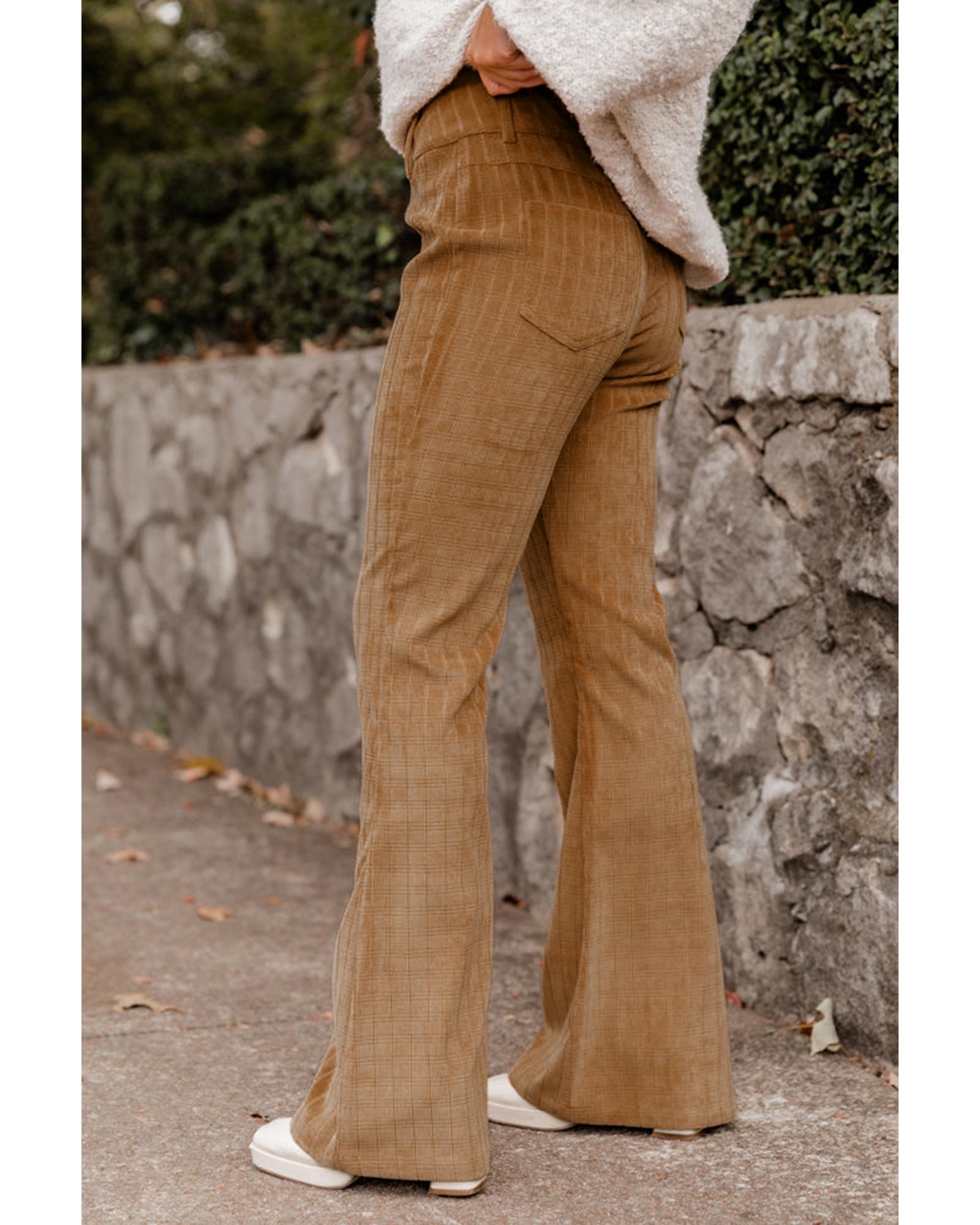 Grapefruit Orange Checkered Corduroy Flare High Waist Pants - L
