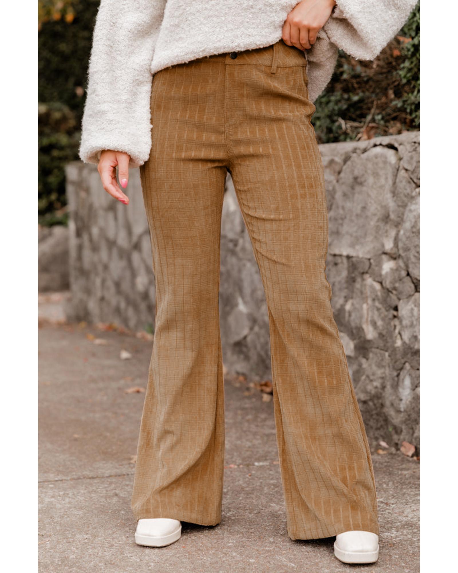 Grapefruit Orange Checkered Corduroy Flare High Waist Pants - XL 7
