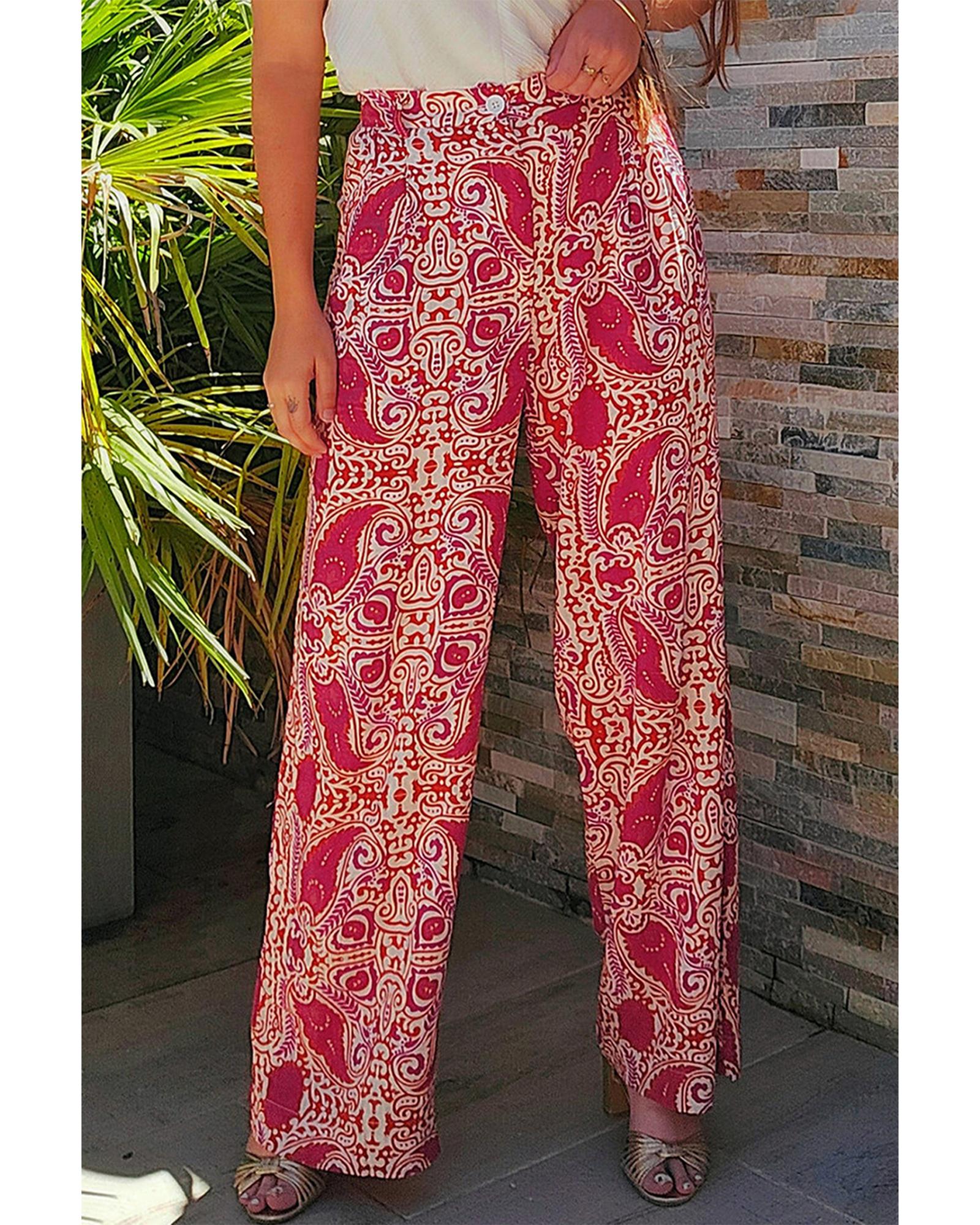 Red Paisley Printed Buttoned High Waist Straight Leg Pants - L 5