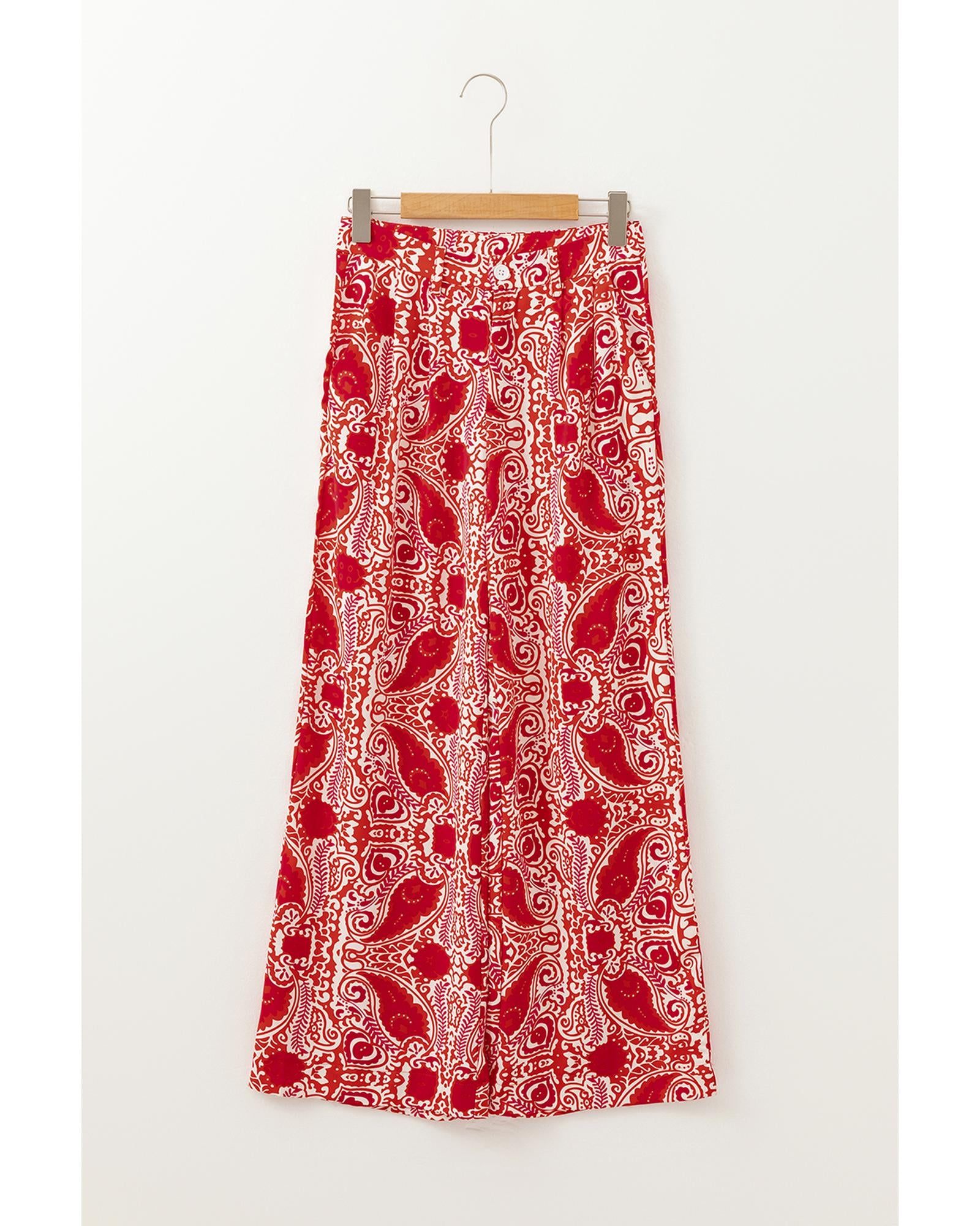 Red Paisley Printed Buttoned High Waist Straight Leg Pants - L 8