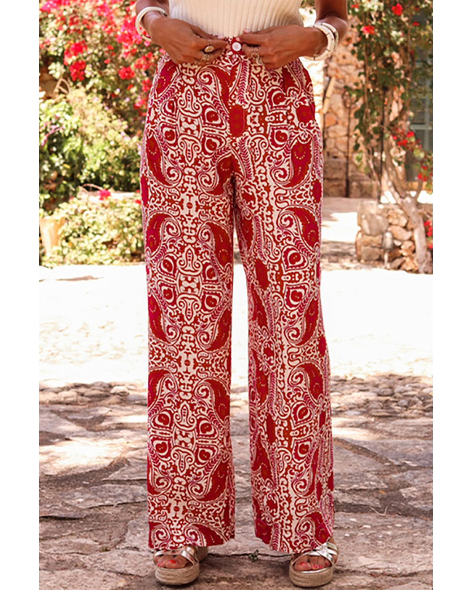 Red Paisley Printed Buttoned High Waist Straight Leg Pants - M