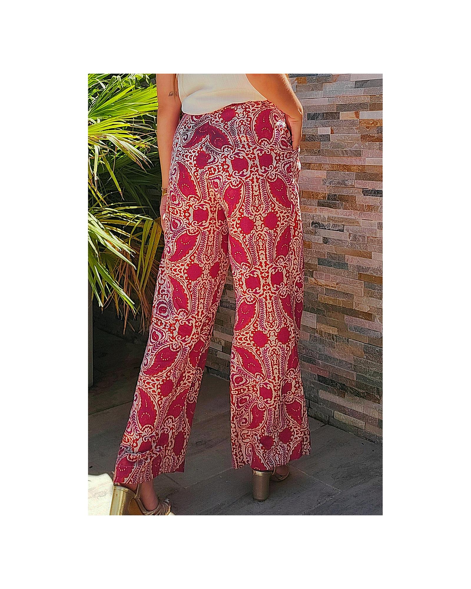 Red Paisley Printed Buttoned High Waist Straight Leg Pants - M 4
