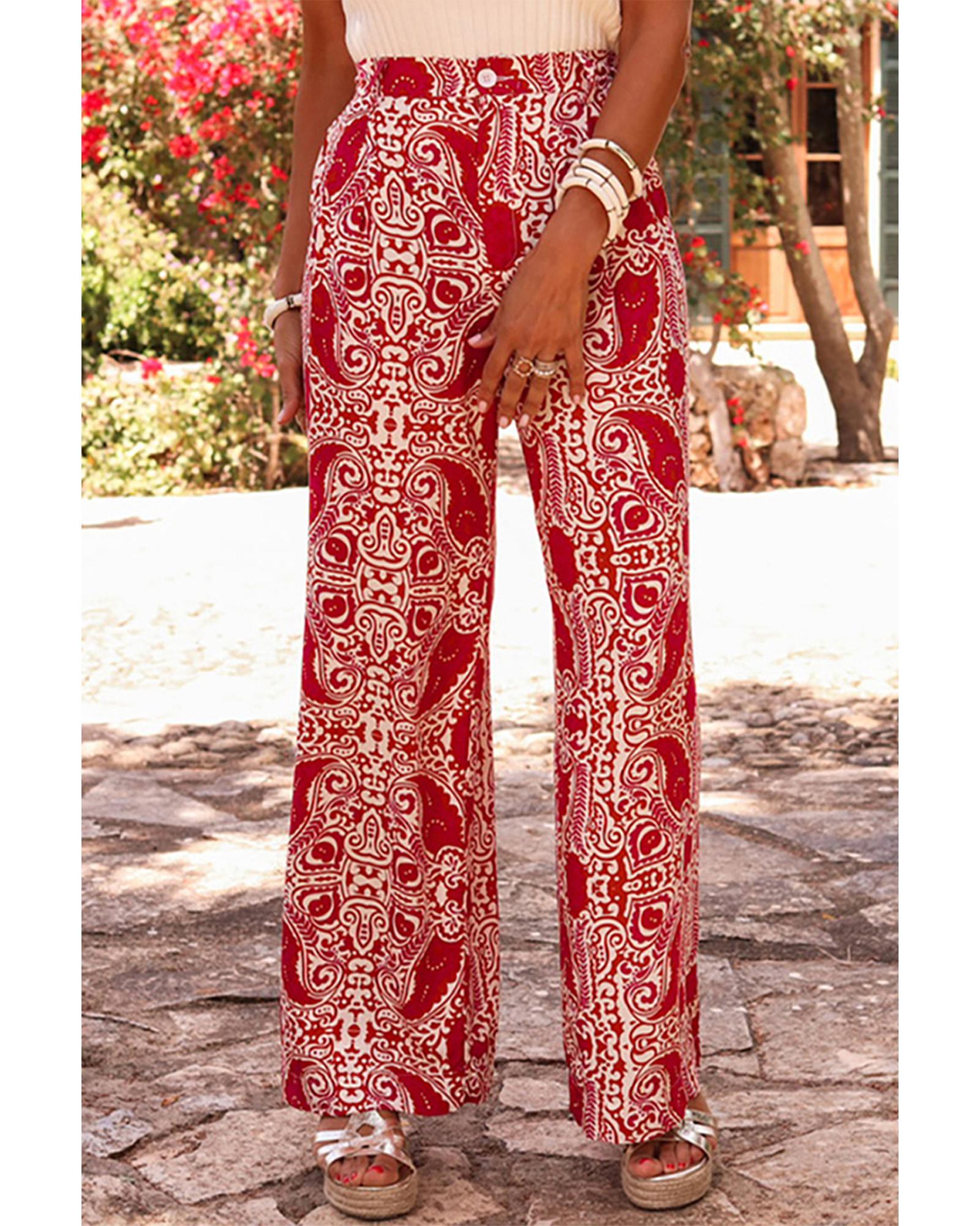 Red Paisley Printed Buttoned High Waist Straight Leg Pants - XL 3