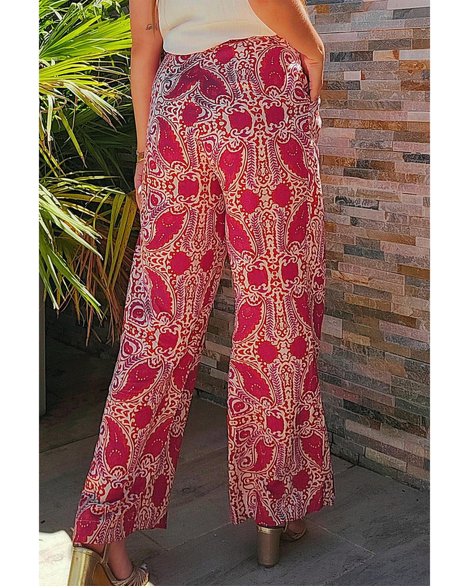Red Paisley Printed Buttoned High Waist Straight Leg Pants - XL 4