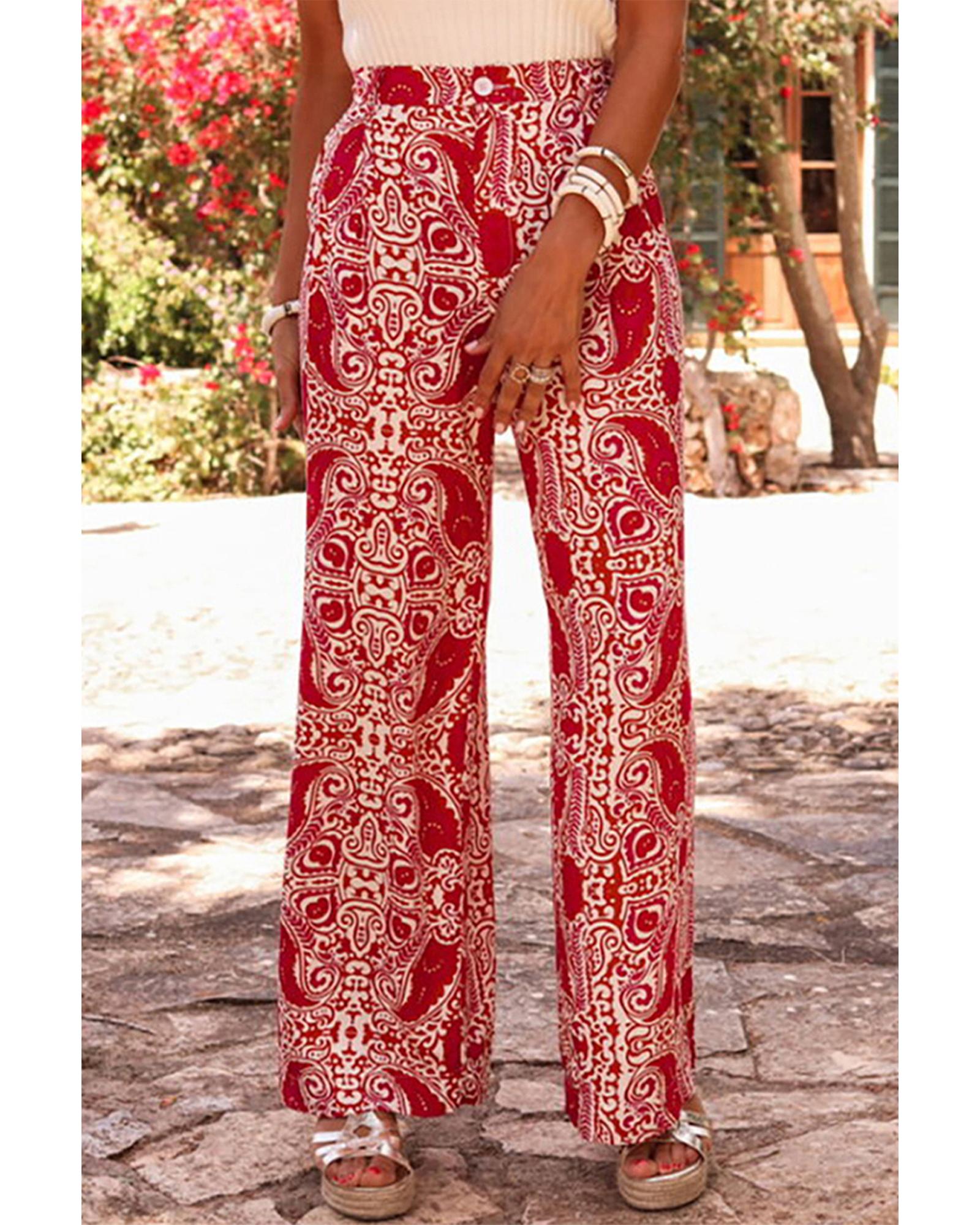 Red Paisley Printed Buttoned High Waist Straight Leg Pants - XL 6