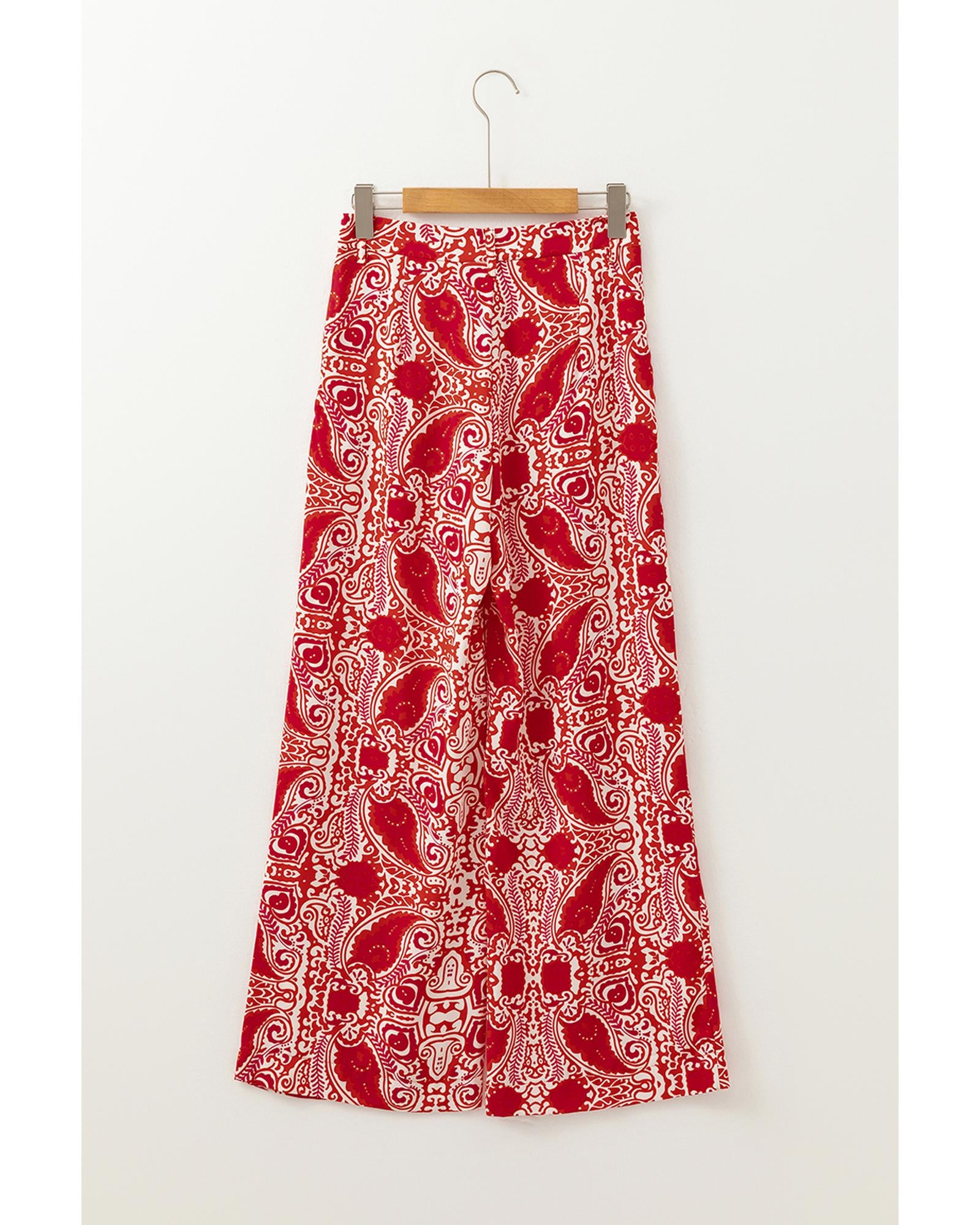 Red Paisley Printed Buttoned High Waist Straight Leg Pants - XL 7