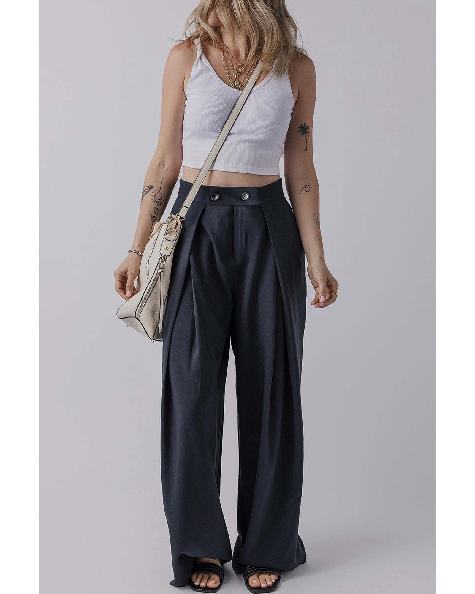 Dirty blue Dual Buttoned High Waist Pleated Wide Leg Pants - M 3