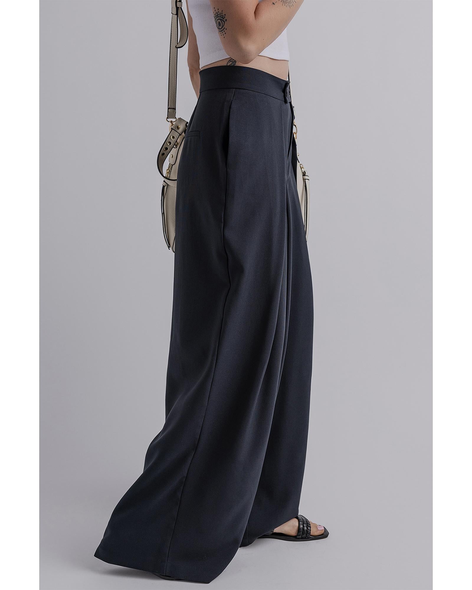 Dirty blue Dual Buttoned High Waist Pleated Wide Leg Pants - M 5