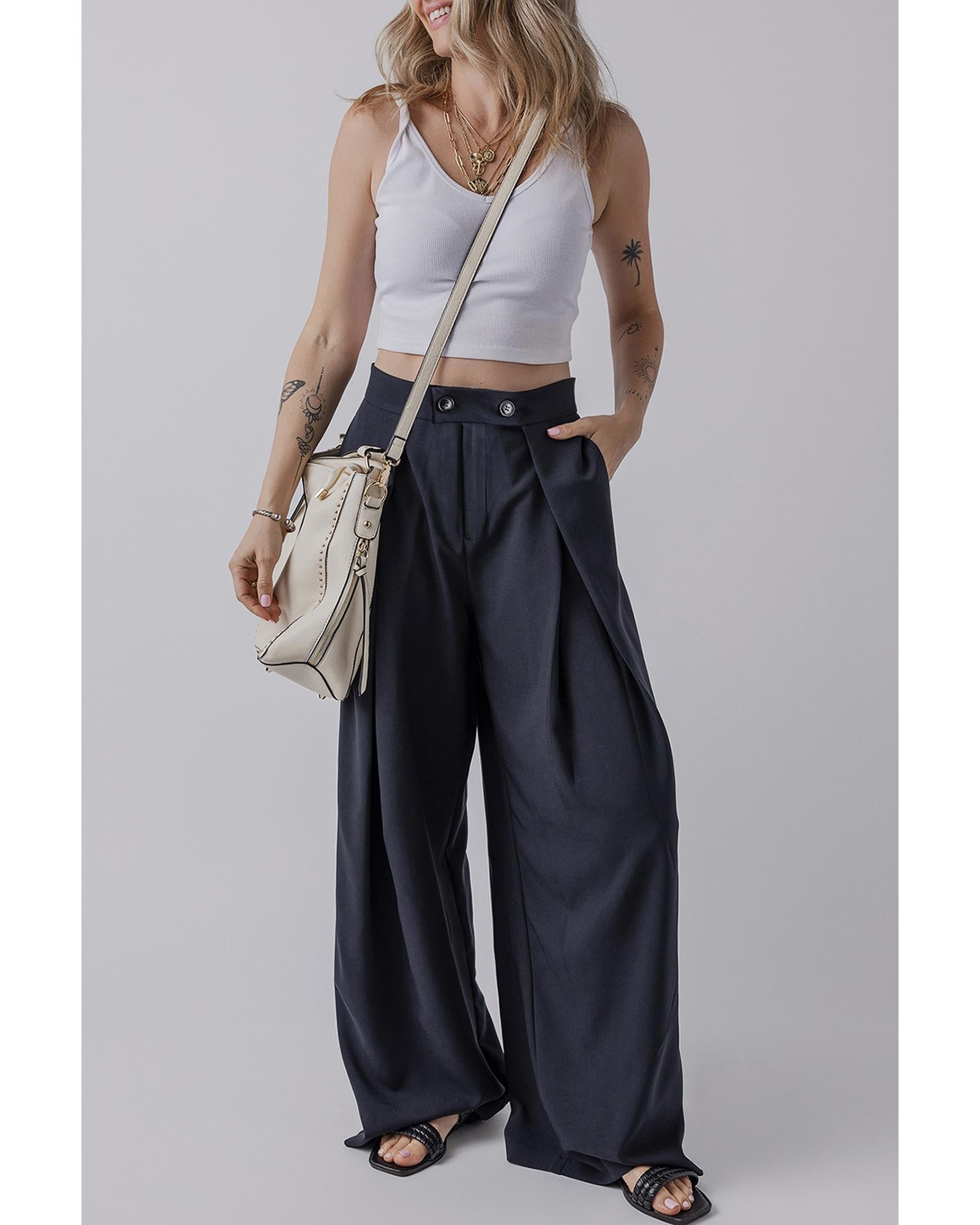 Dirty blue Dual Buttoned High Waist Pleated Wide Leg Pants - M 7
