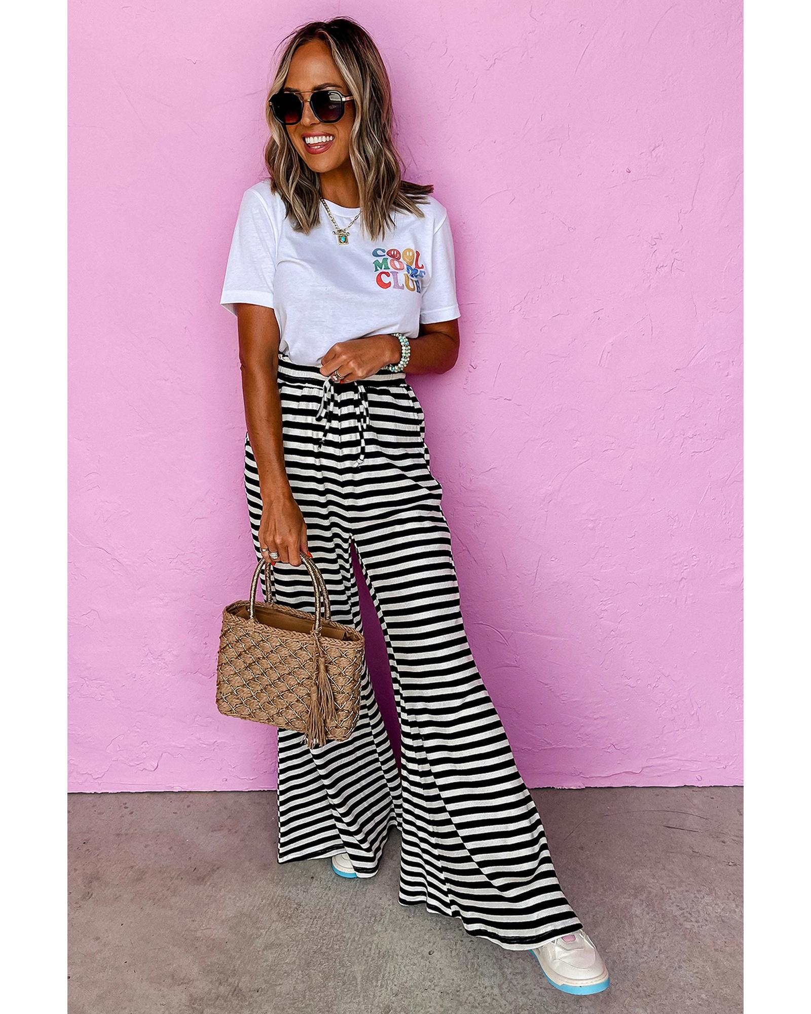 Black Stripe Lace-up Waist Casual Flared Pants - L 3