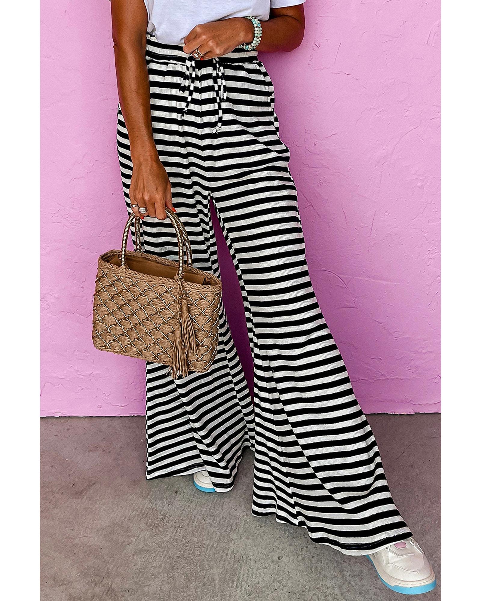 Black Stripe Lace-up Waist Casual Flared Pants - L 4