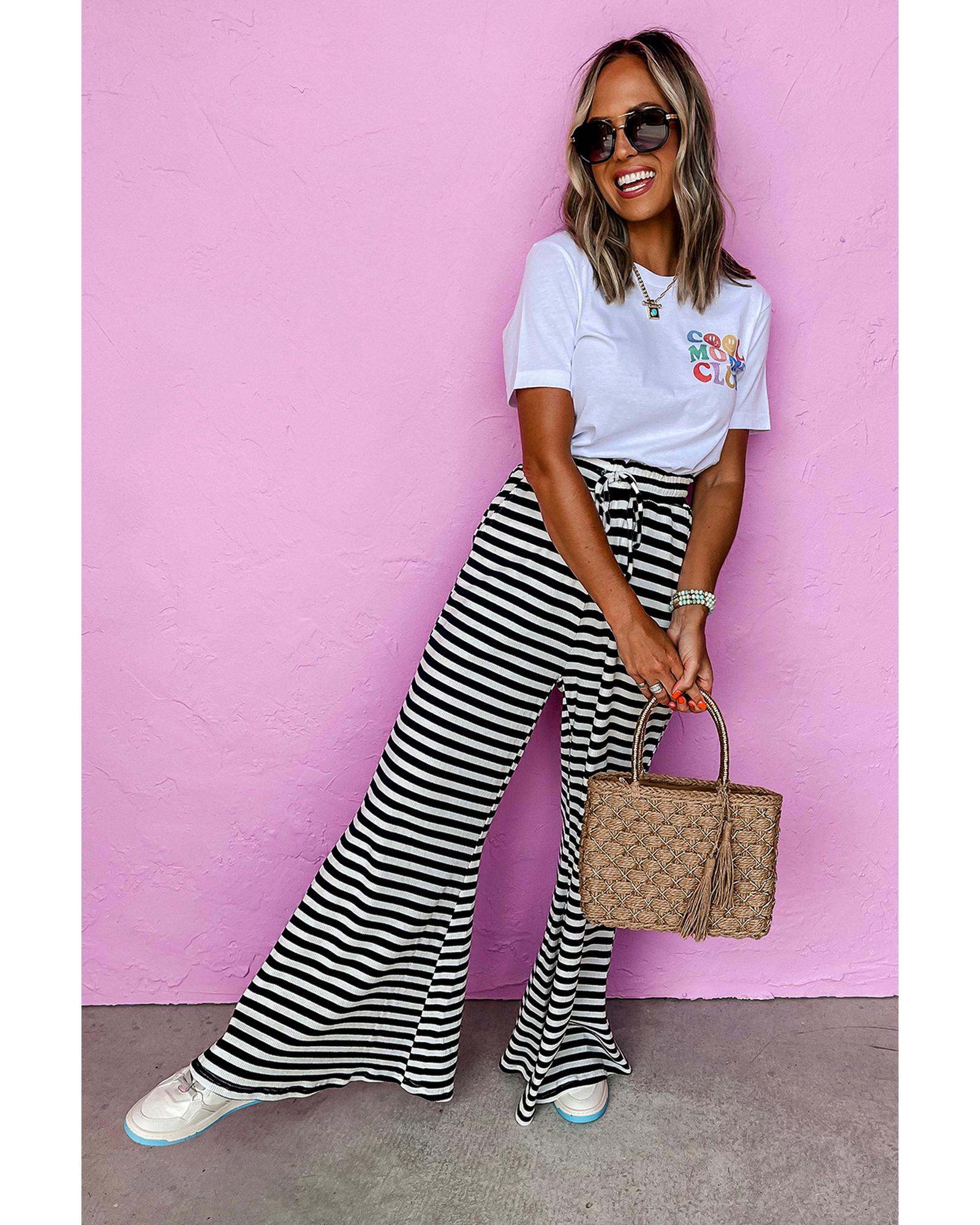 Black Stripe Lace-up Waist Casual Flared Pants - L 5