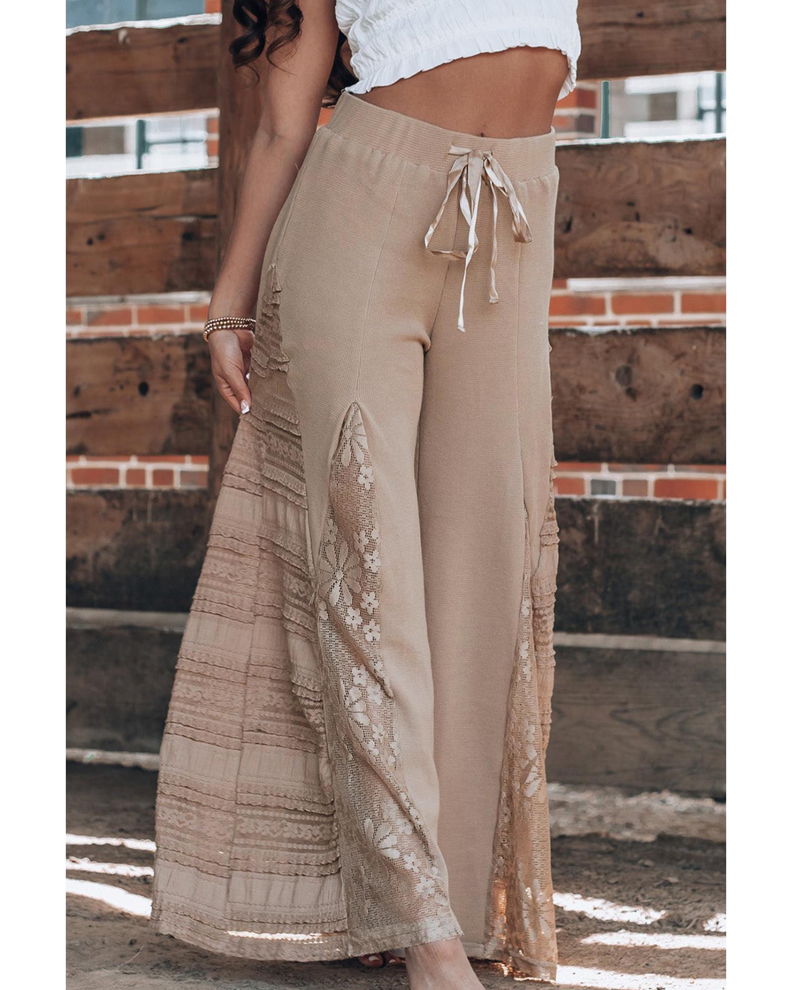 Smoke Gray Boho Lace Patchwork Wide Leg High Waist Pants - L 5