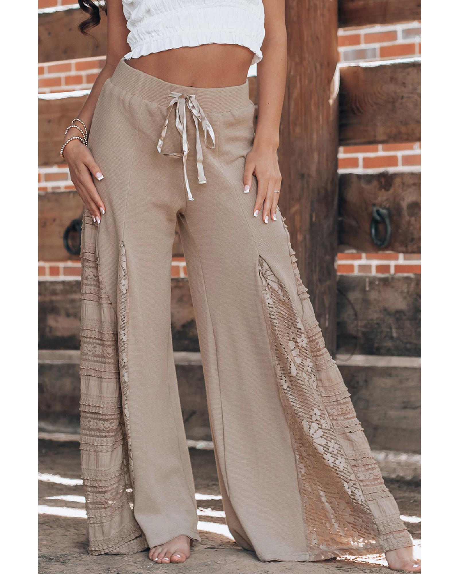 Smoke Gray Boho Lace Patchwork Wide Leg High Waist Pants - L 8