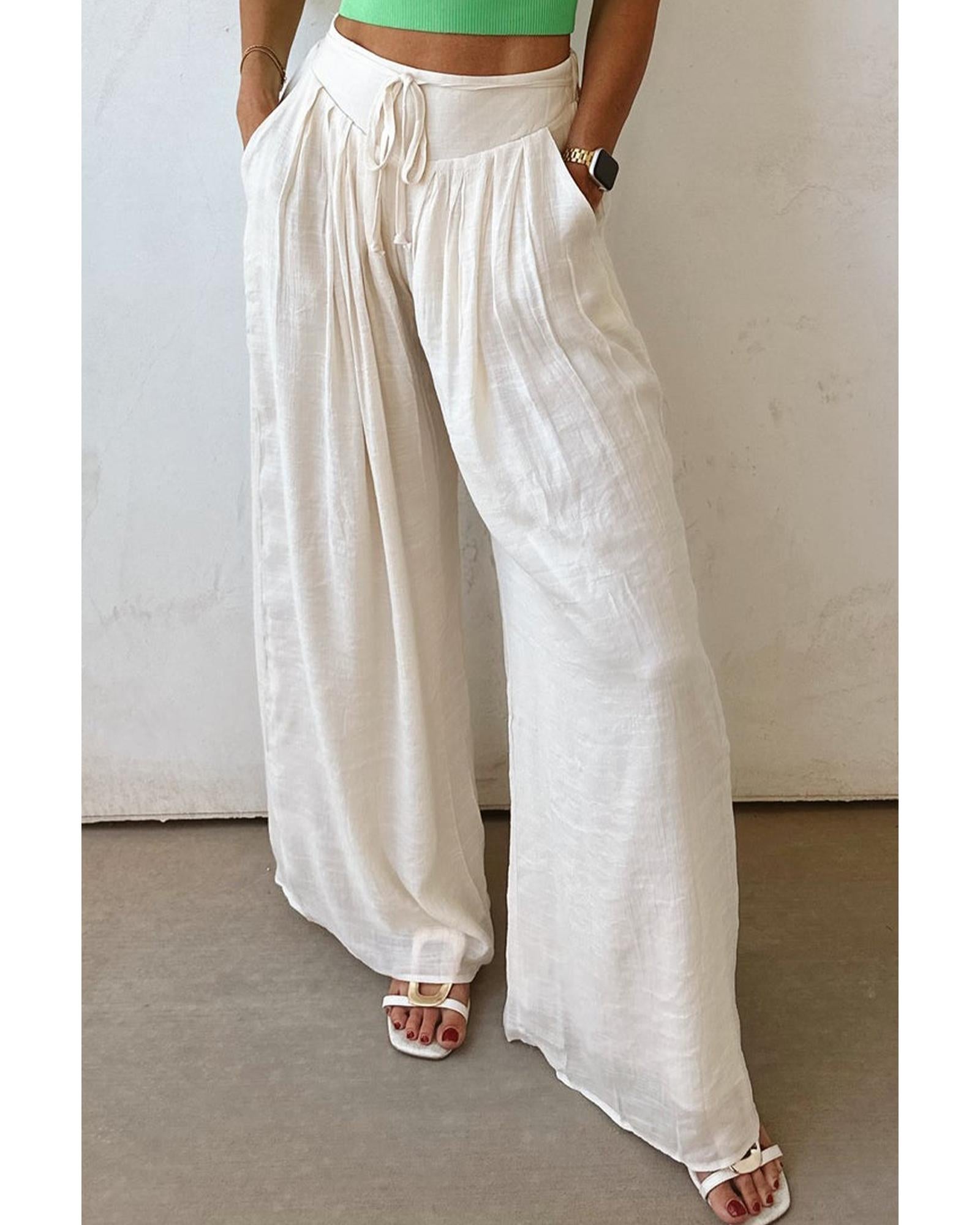 White Casual Tie Waist Pleated Wide Leg Pants - XL
