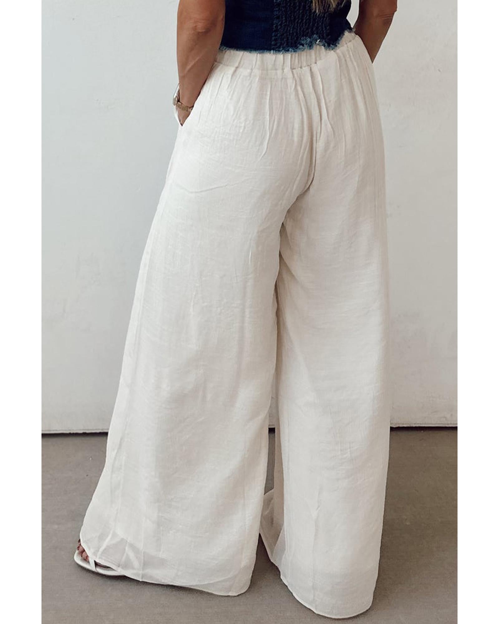 White Casual Tie Waist Pleated Wide Leg Pants - XL