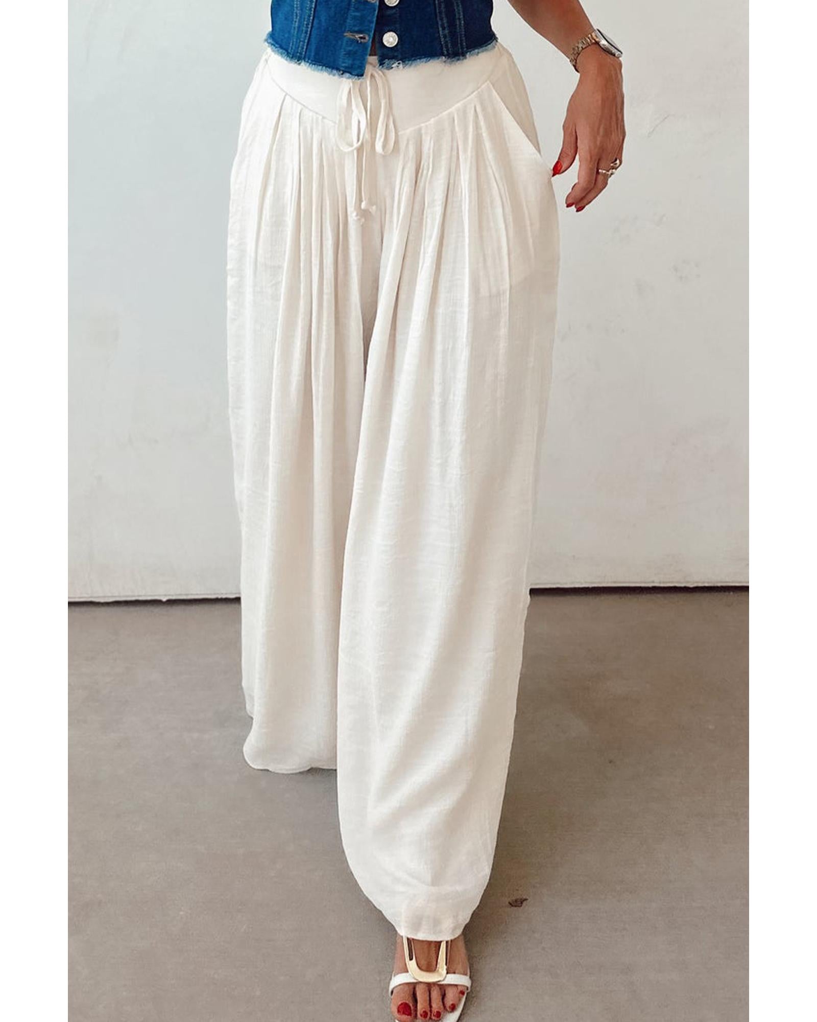 White Casual Tie Waist Pleated Wide Leg Pants - XL 3