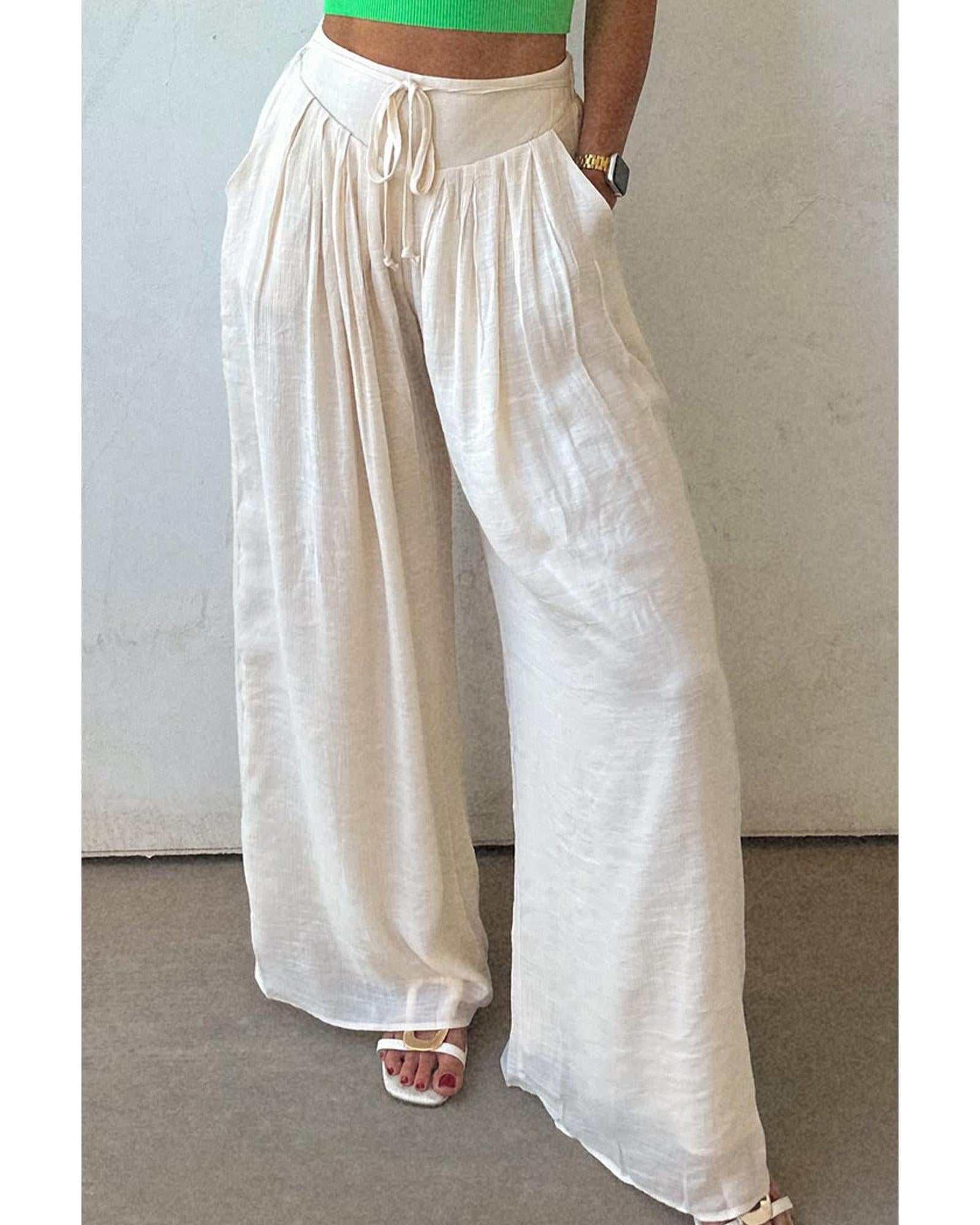 White Casual Tie Waist Pleated Wide Leg Pants - XL 4