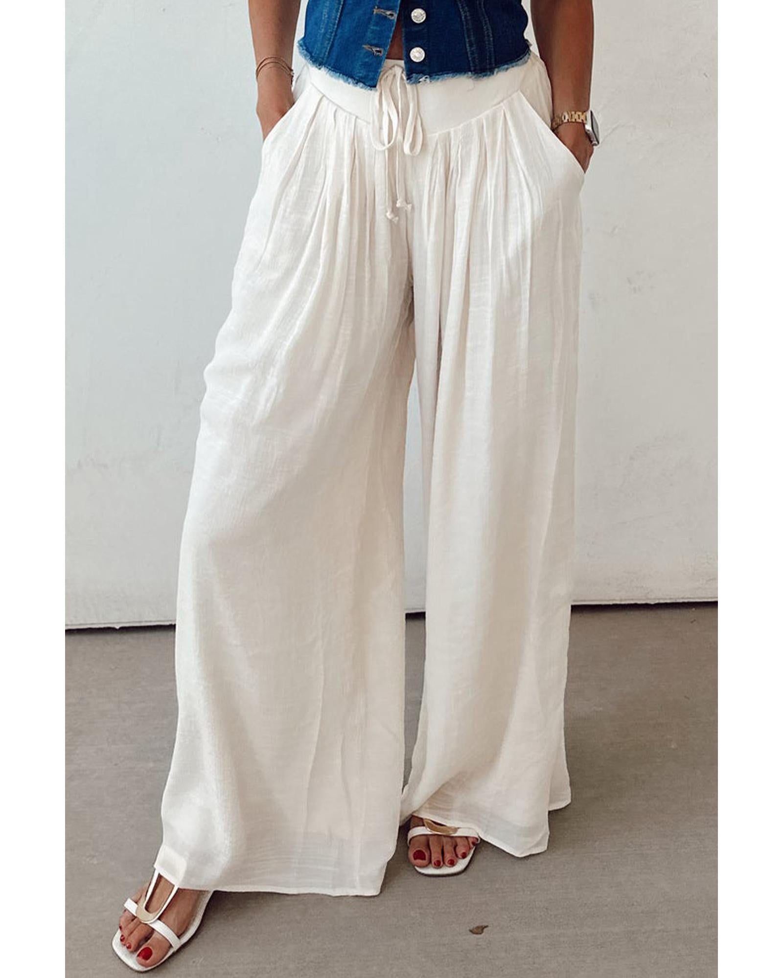 White Casual Tie Waist Pleated Wide Leg Pants - XL 5