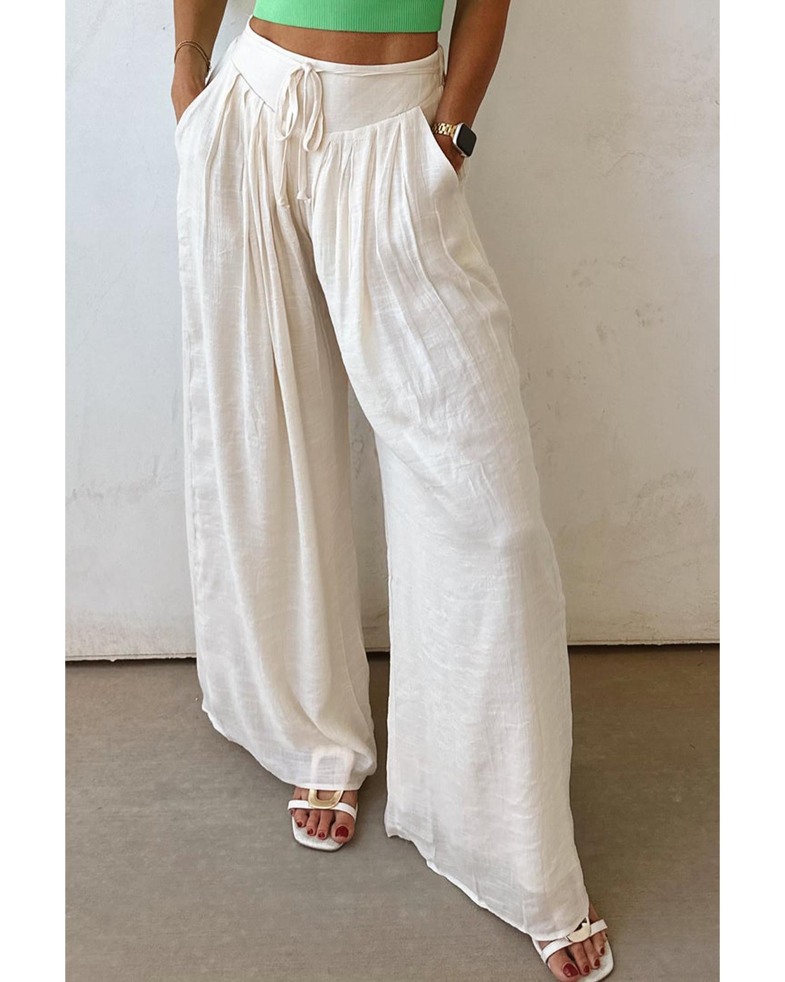 White Casual Tie Waist Pleated Wide Leg Pants - XL 6
