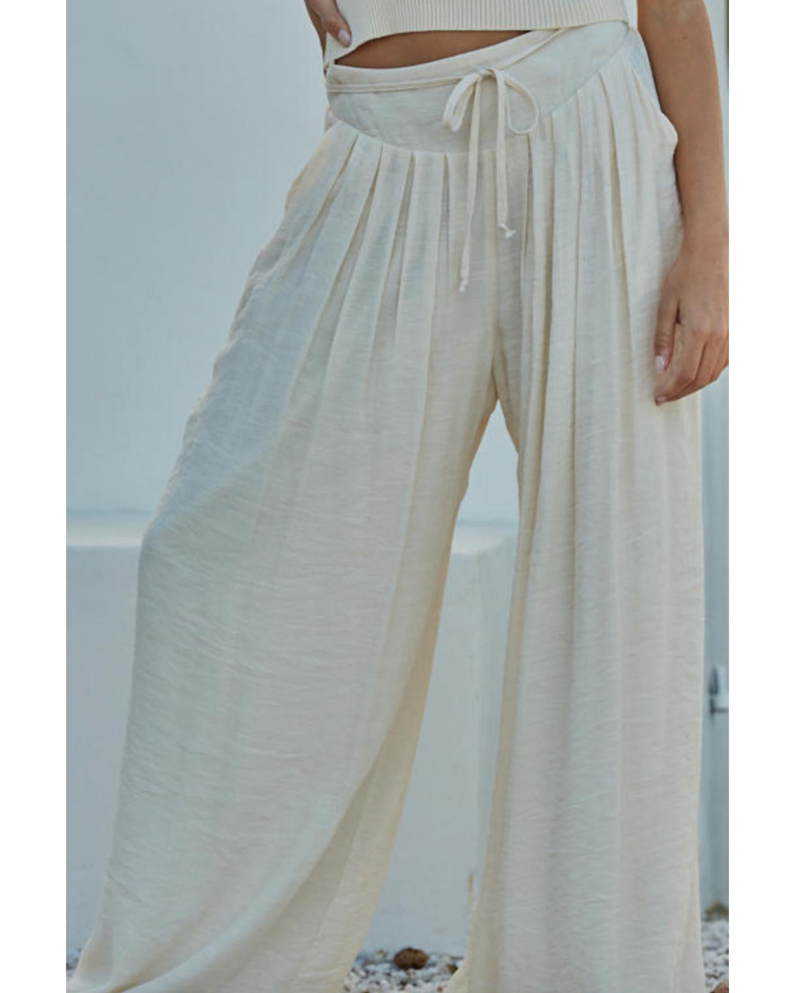 White Casual Tie Waist Pleated Wide Leg Pants - XL 7