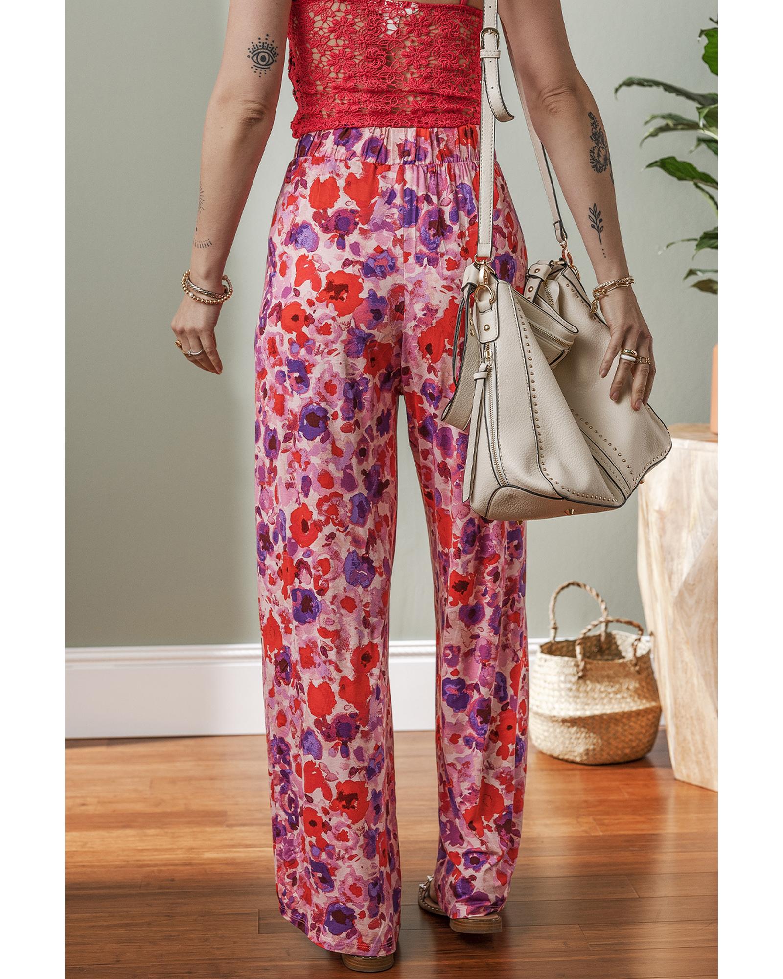 Purple Floral Wide Leg Elastic High Waist Pants - M