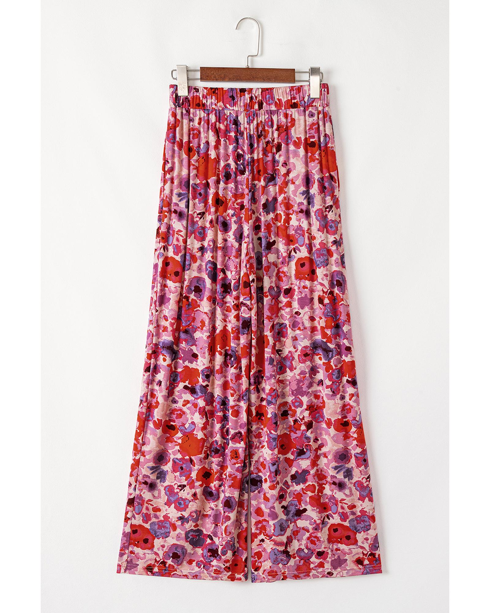 Purple Floral Wide Leg Elastic High Waist Pants - M 7