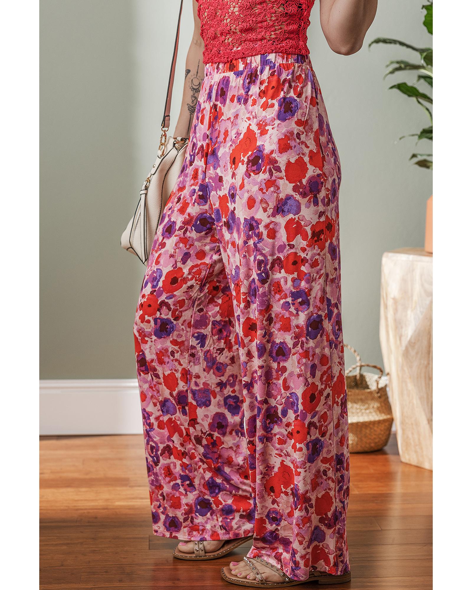 Purple Floral Wide Leg Elastic High Waist Pants - XL 3