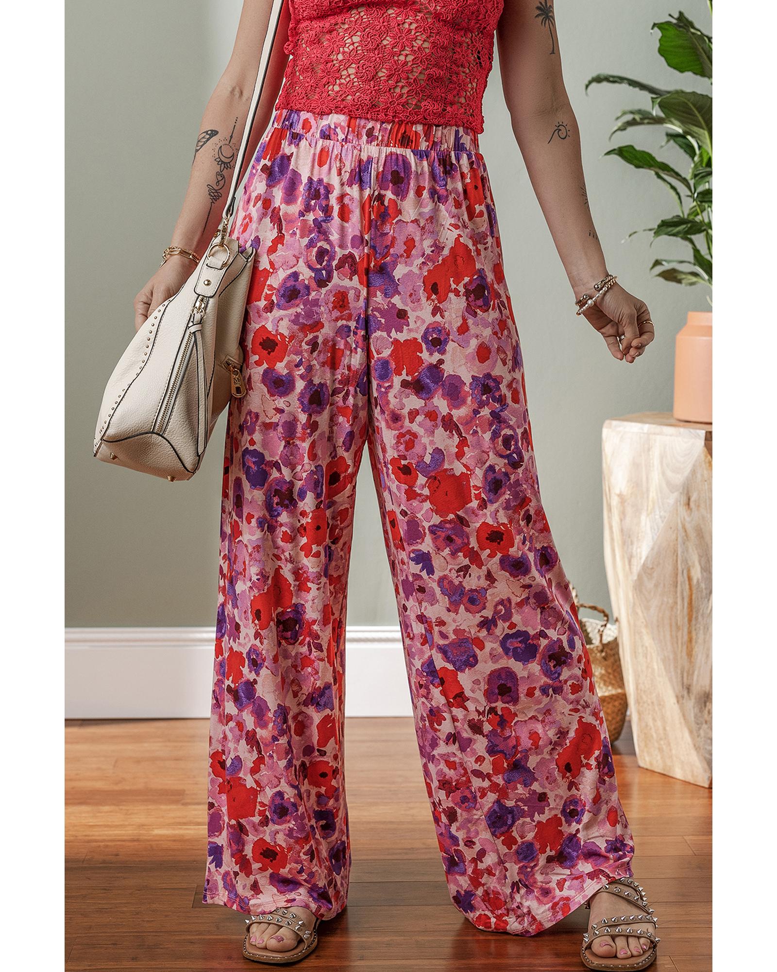 Purple Floral Wide Leg Elastic High Waist Pants - XL 4