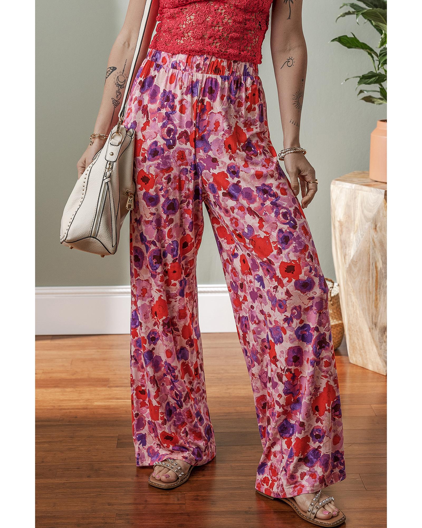 Purple Floral Wide Leg Elastic High Waist Pants - XL 5