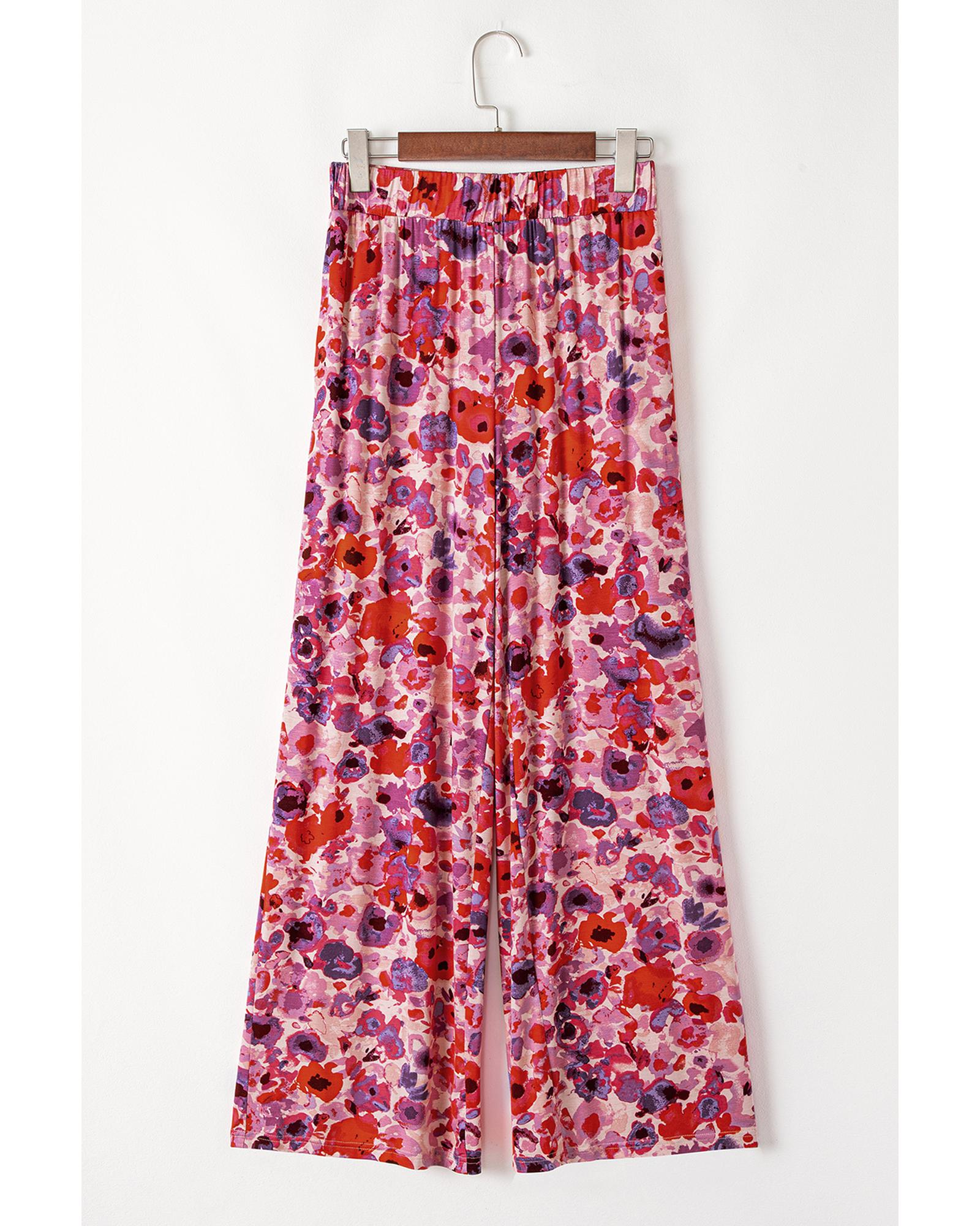 Purple Floral Wide Leg Elastic High Waist Pants - XL 6