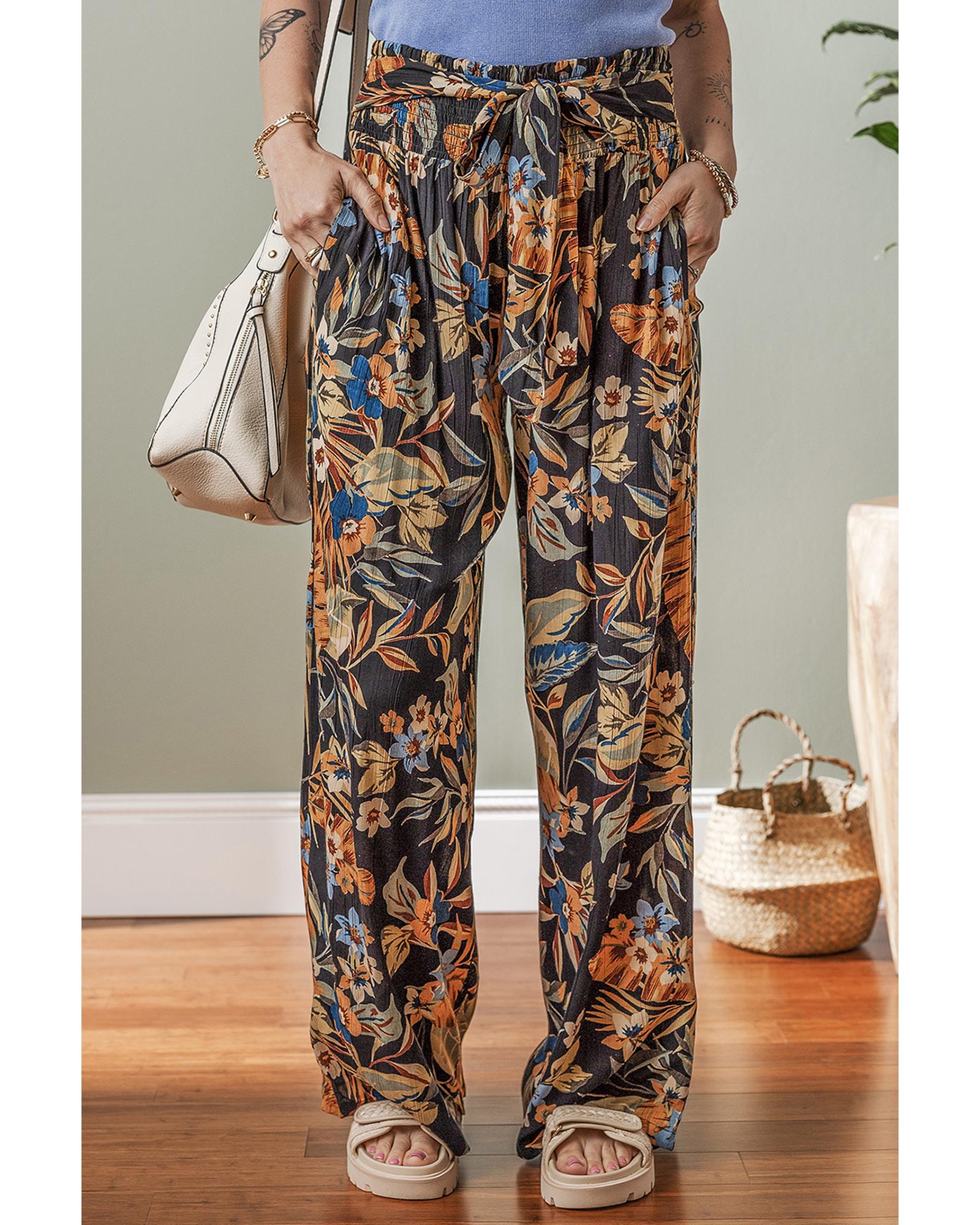 Multicolour Floral Shirred High Waist Wide Leg Pants with Tie - L 3