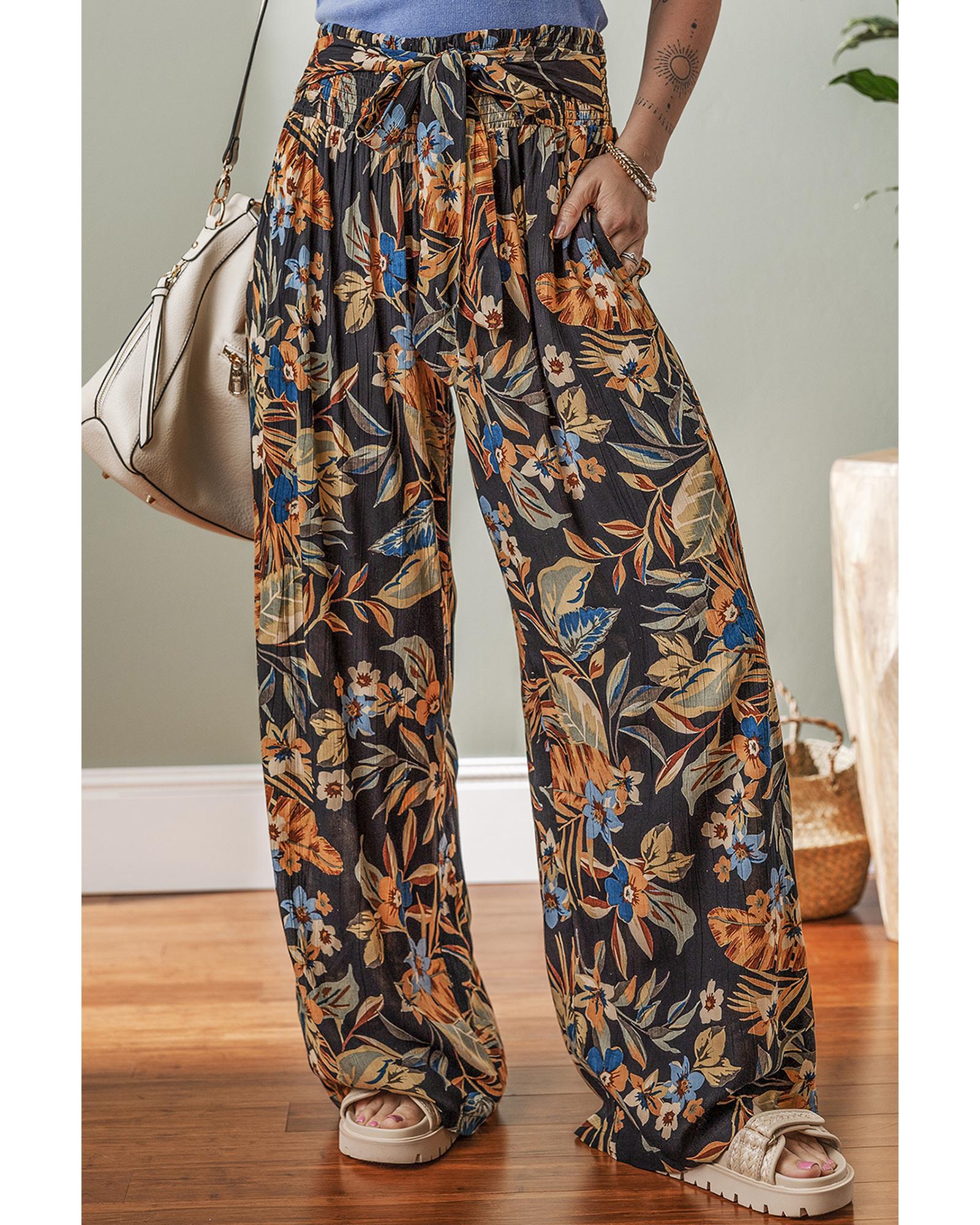 Multicolour Floral Shirred High Waist Wide Leg Pants with Tie - L 4