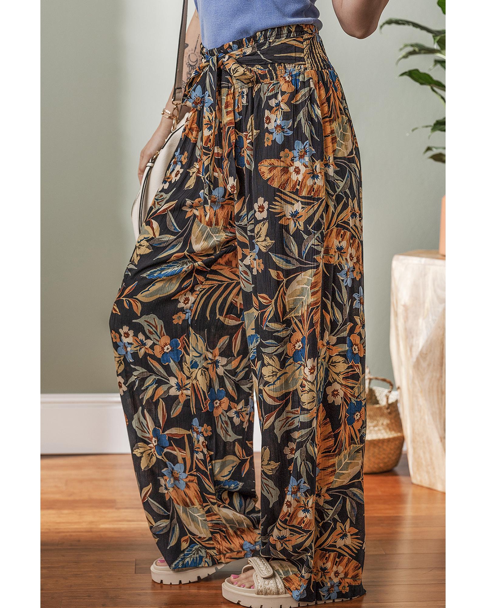 Multicolour Floral Shirred High Waist Wide Leg Pants with Tie - L 5