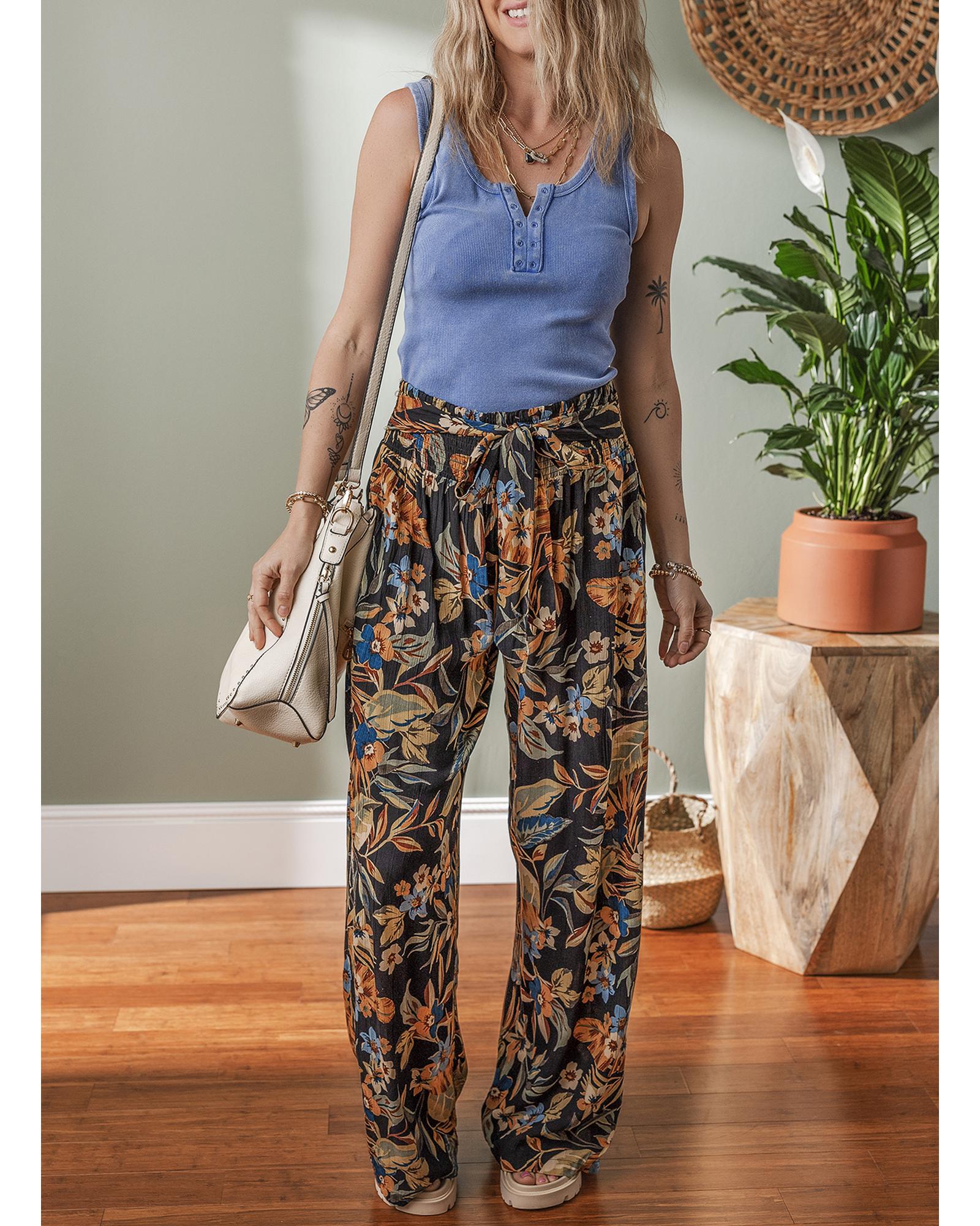 Multicolour Floral Shirred High Waist Wide Leg Pants with Tie - L 6