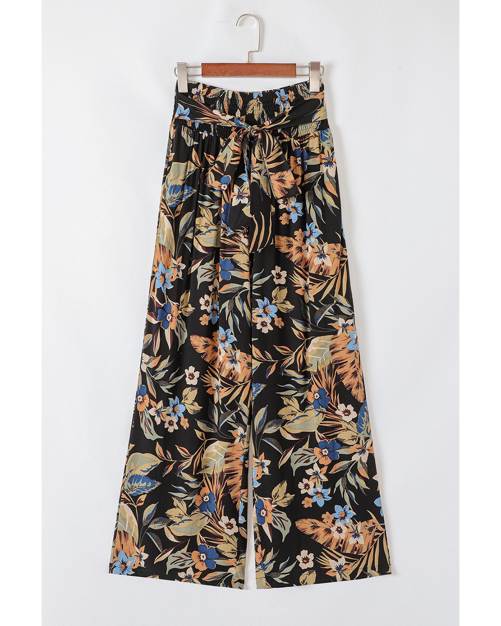 Multicolour Floral Shirred High Waist Wide Leg Pants with Tie - L 7