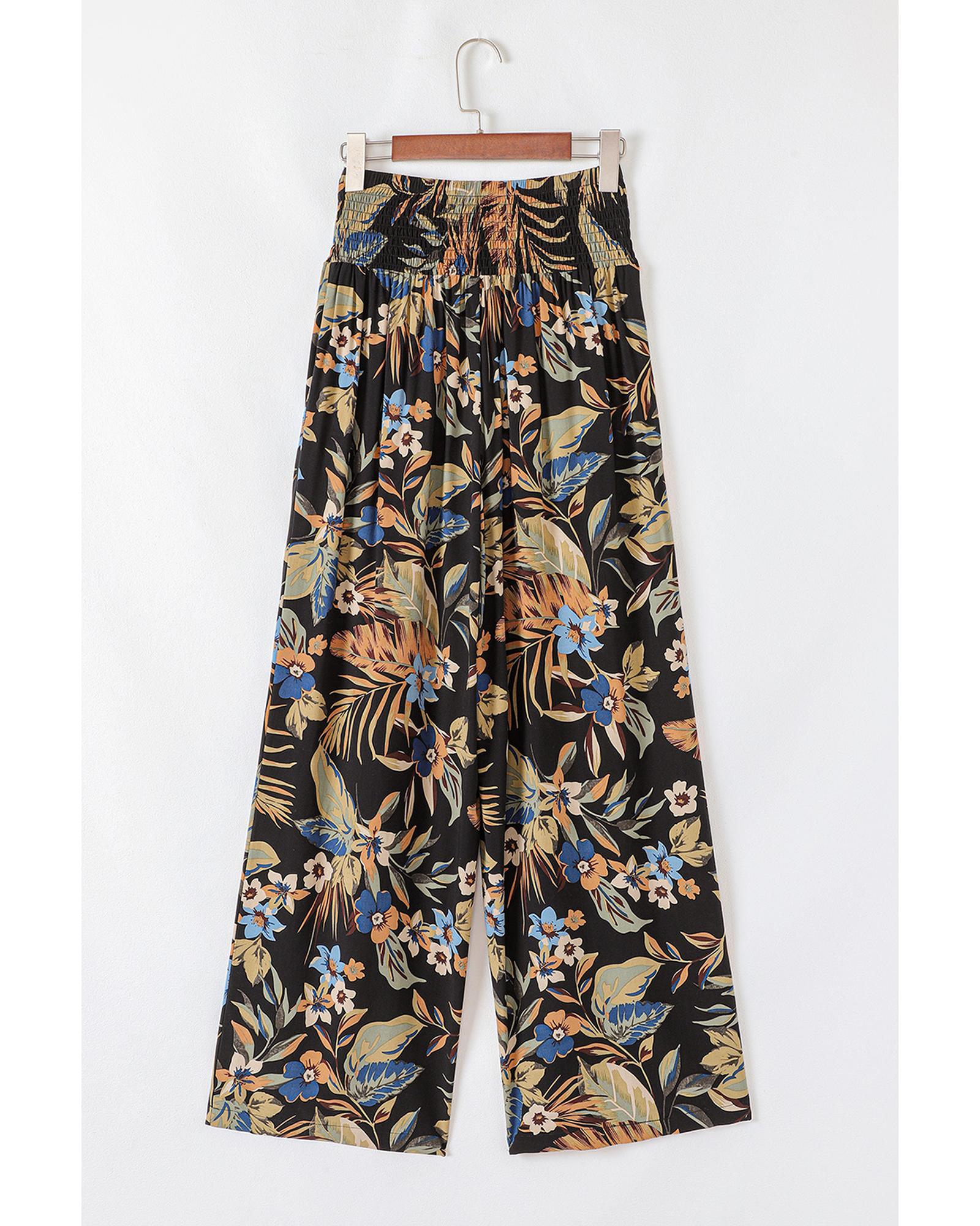 Multicolour Floral Shirred High Waist Wide Leg Pants with Tie - L 8