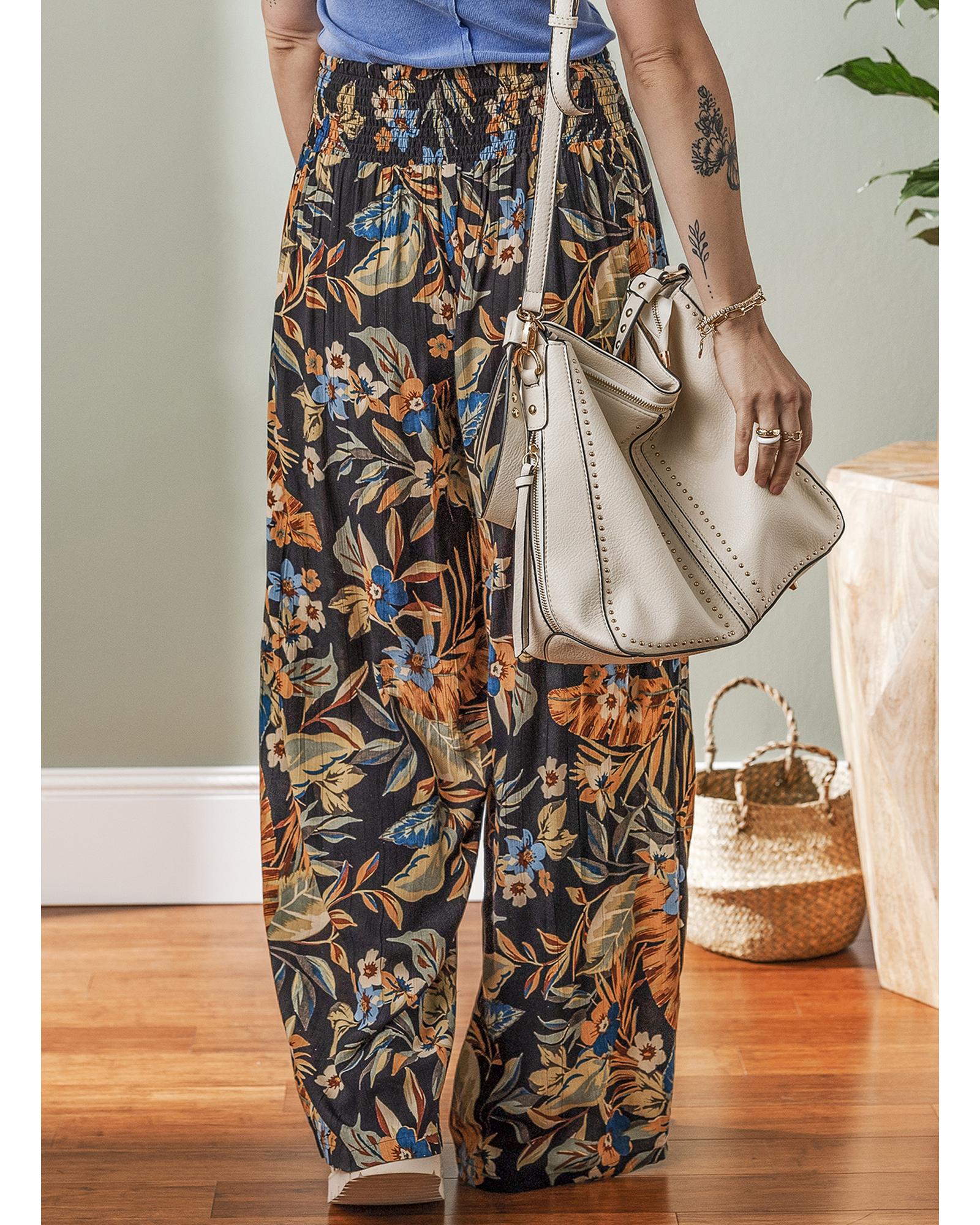 Multicolour Floral Shirred High Waist Wide Leg Pants with Tie - XL