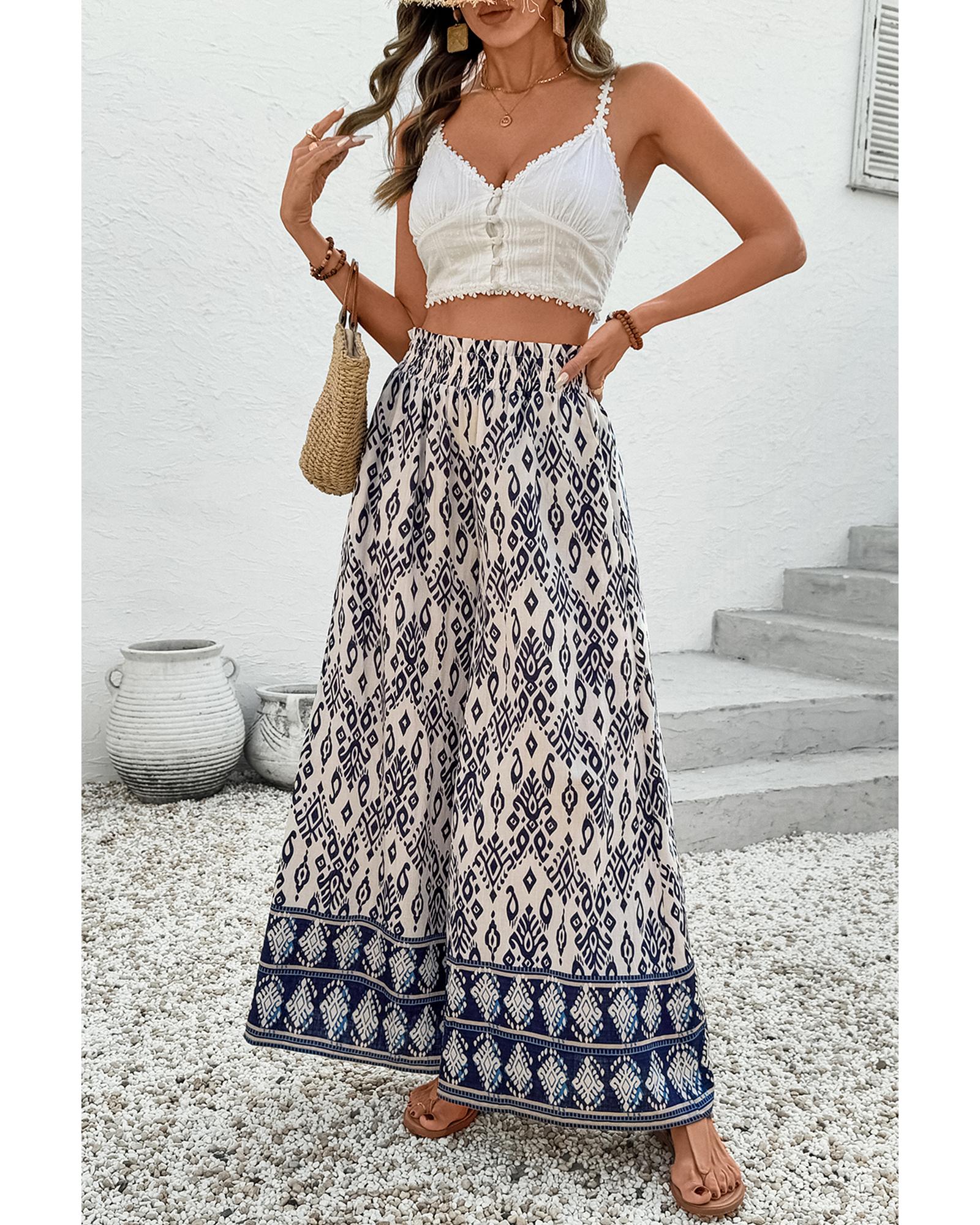 Blue Boho Pattern Print High Waist Wide Leg Loose Pants - L 5