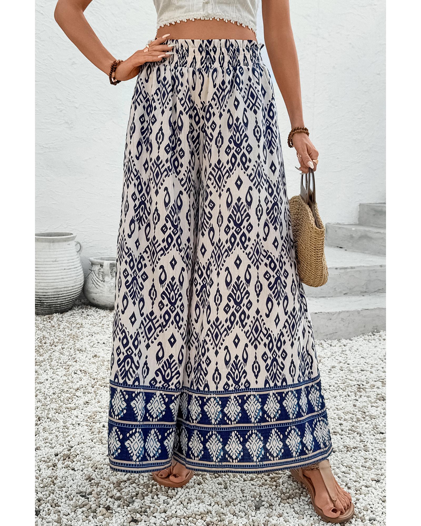 Blue Boho Pattern Print High Waist Wide Leg Loose Pants - M 3