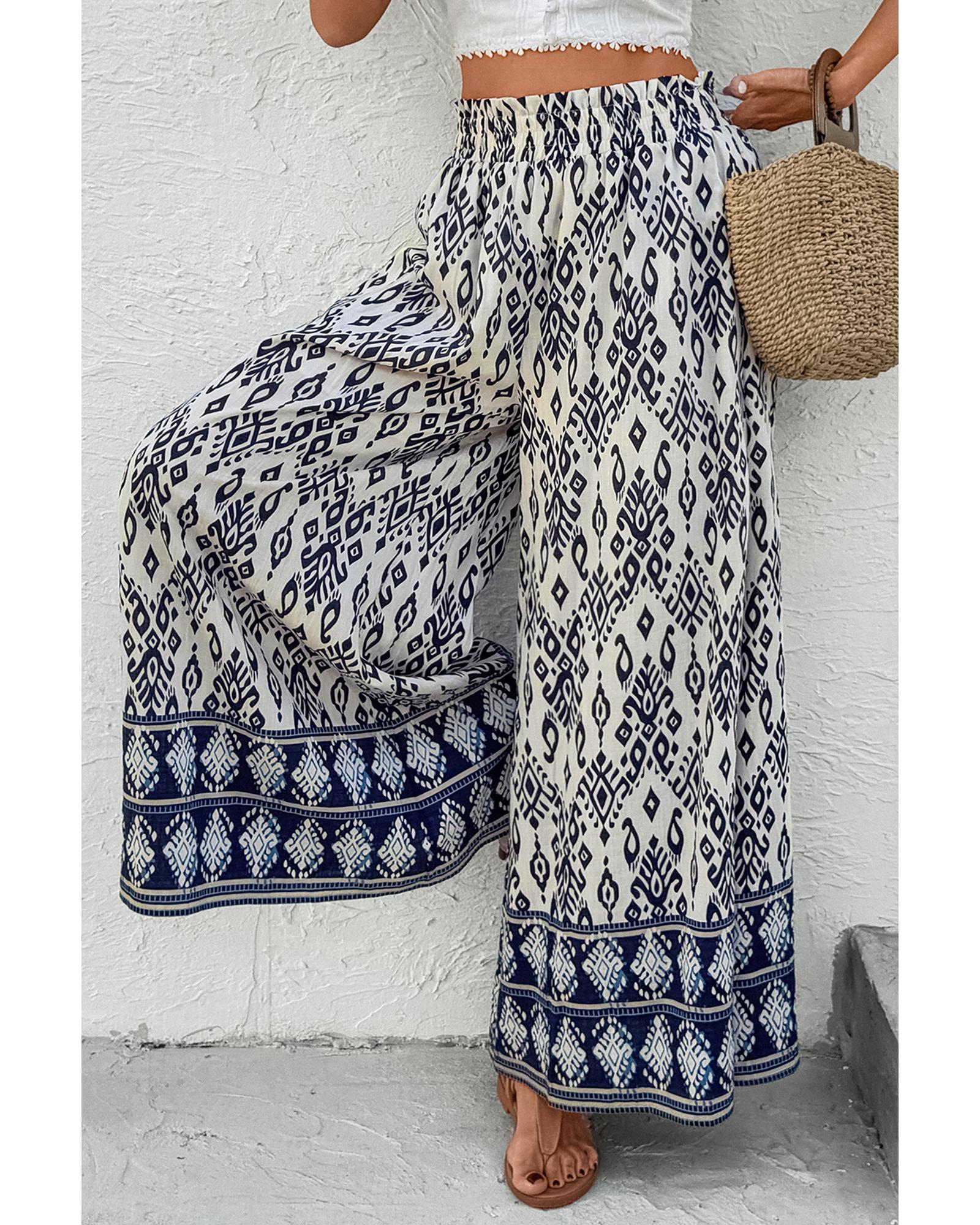 Blue Boho Pattern Print High Waist Wide Leg Loose Pants - M 6