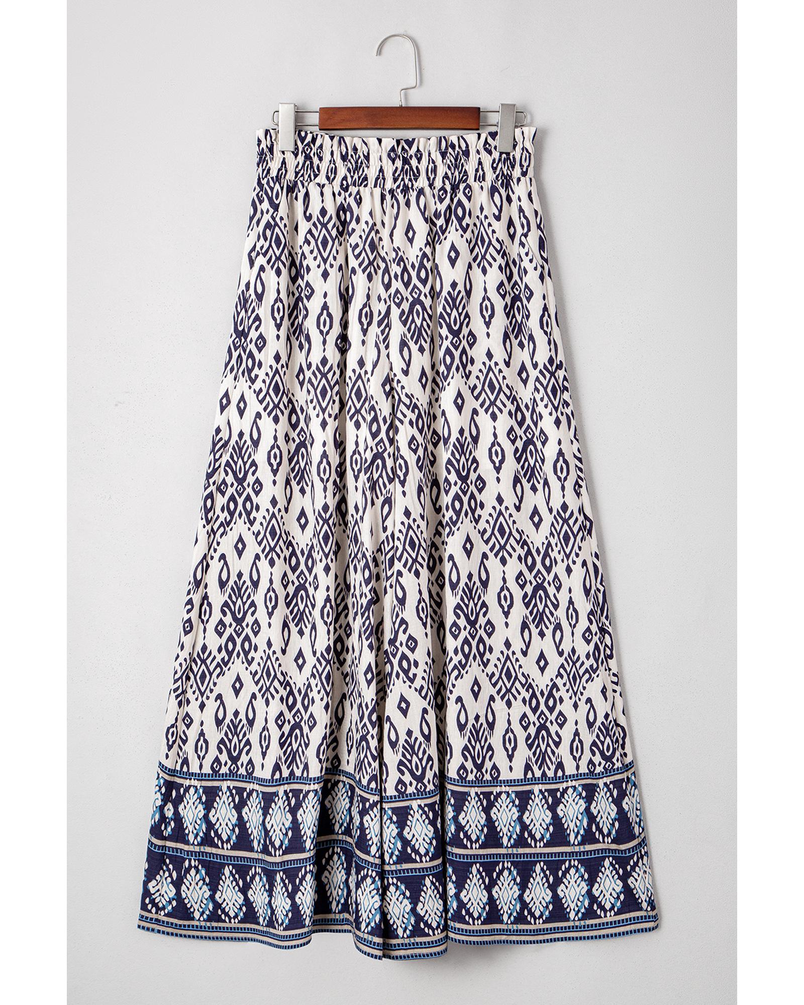 Blue Boho Pattern Print High Waist Wide Leg Loose Pants - M 7