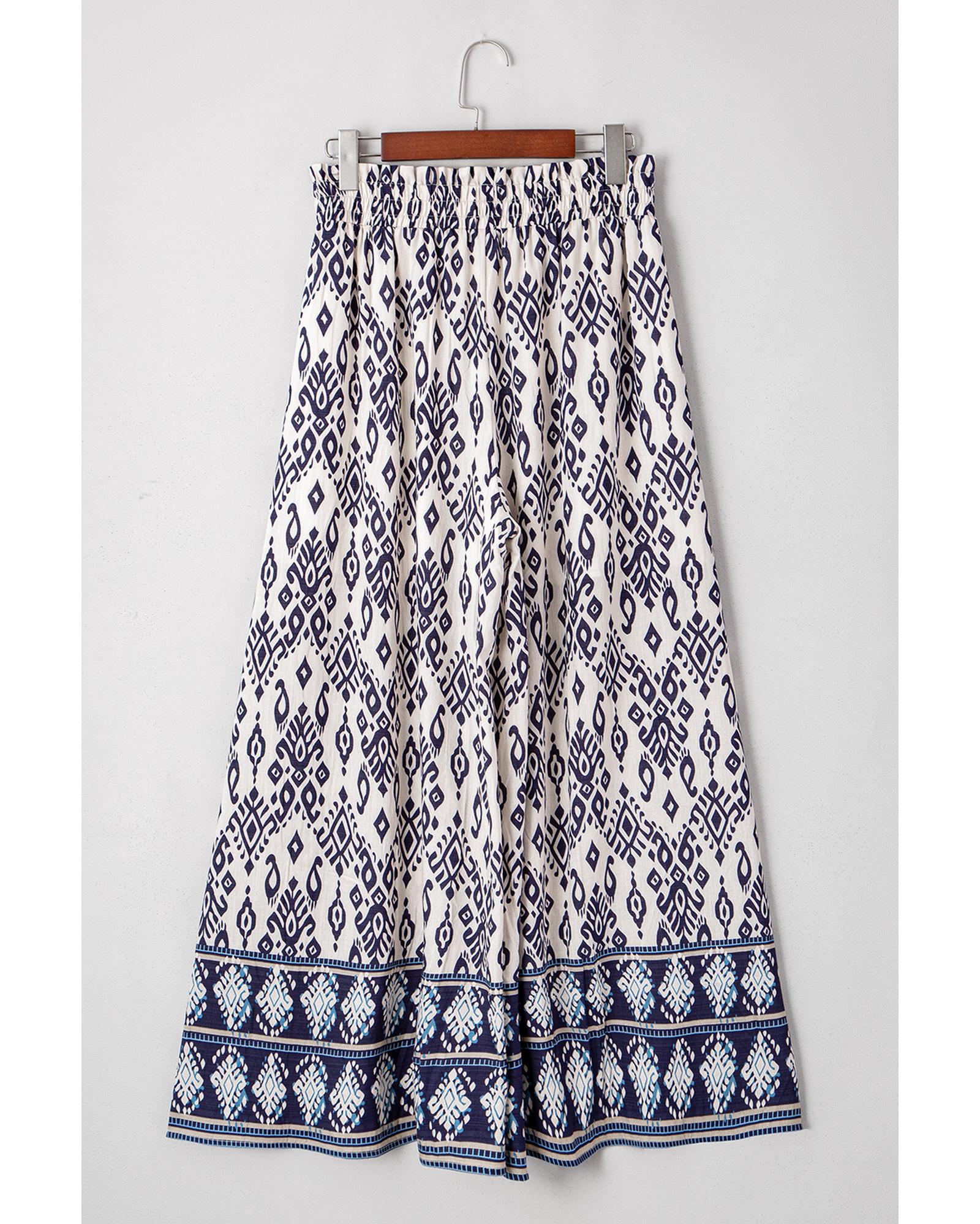 Blue Boho Pattern Print High Waist Wide Leg Loose Pants - M 8