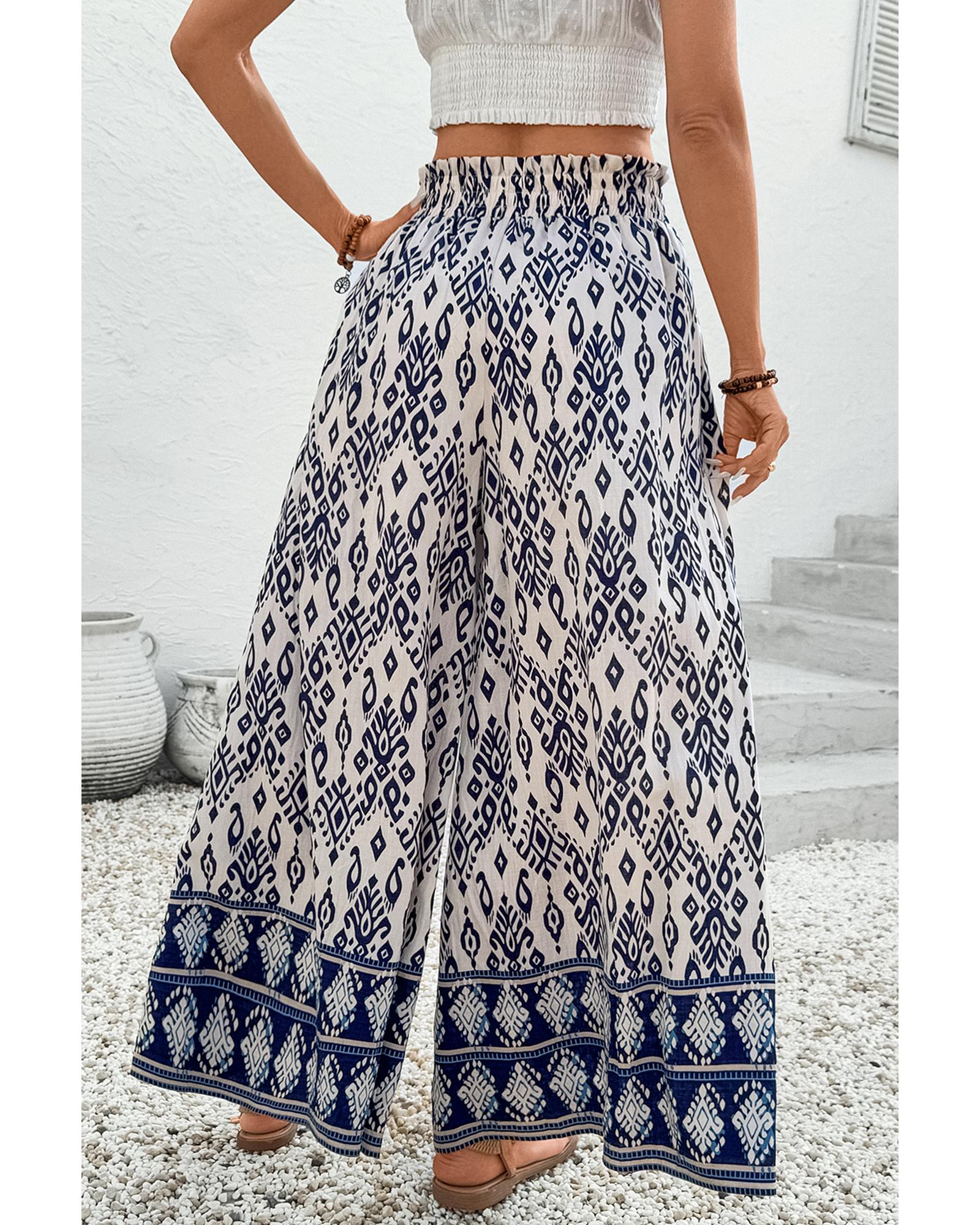Blue Boho Pattern Print High Waist Wide Leg Loose Pants - XL