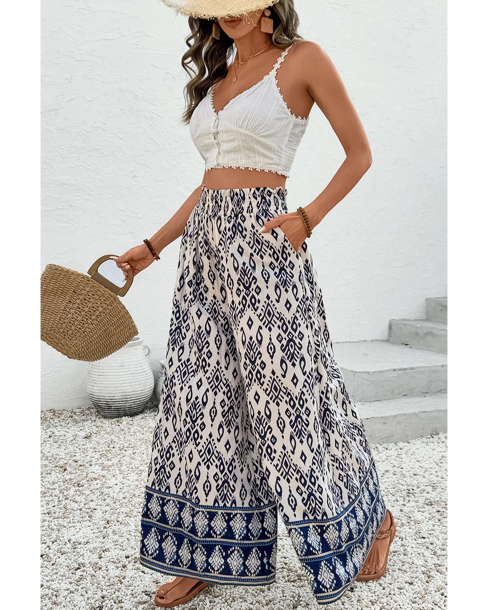 Blue Boho Pattern Print High Waist Wide Leg Loose Pants - XL 4