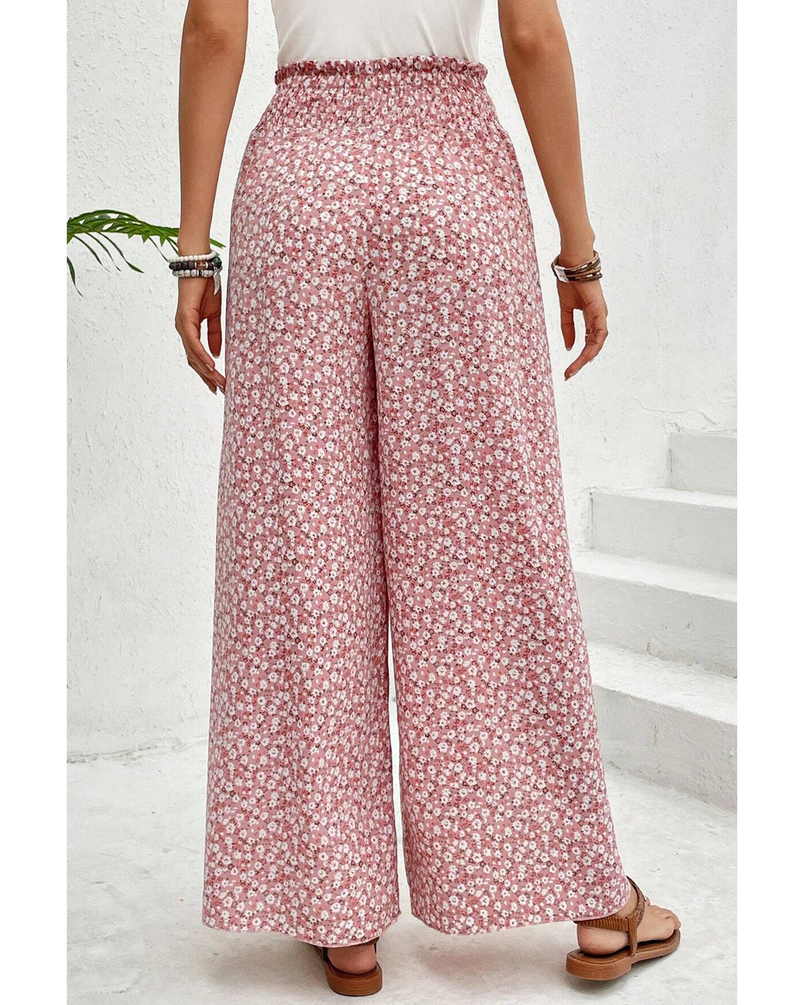 Pink Bohemian Print Slit Wide Leg Smocked High Waist Pants - L