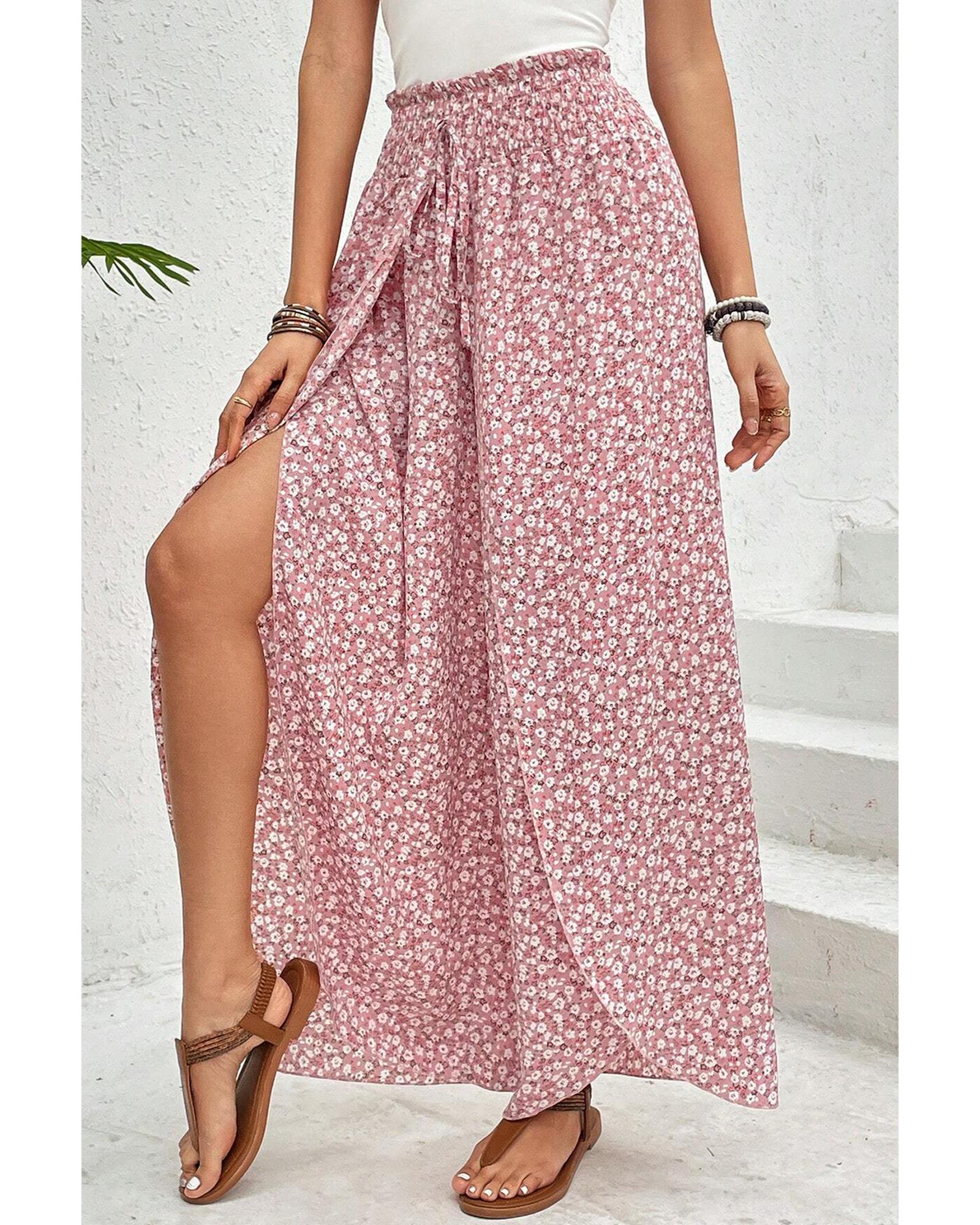Pink Bohemian Print Slit Wide Leg Smocked High Waist Pants - L 3
