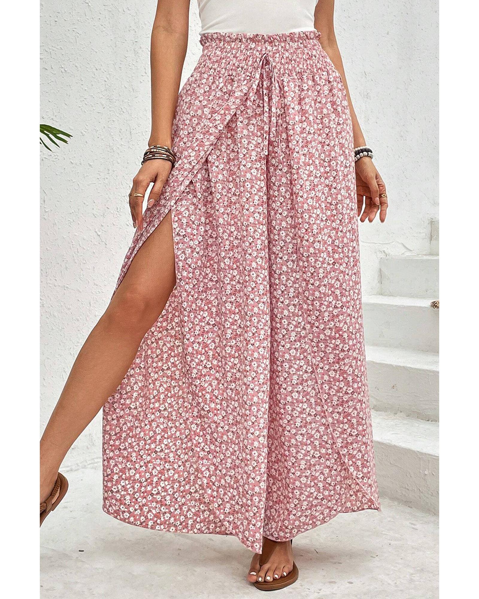Pink Bohemian Print Slit Wide Leg Smocked High Waist Pants - L 4