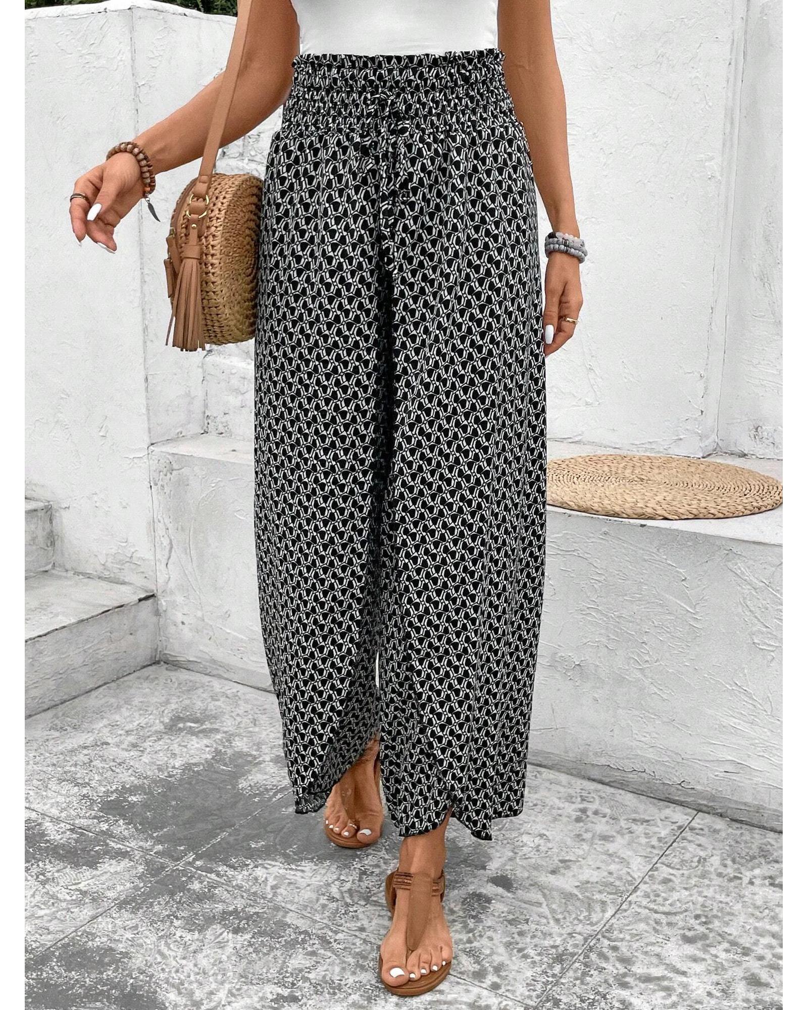 Black Bohemian Print Slit Wide Leg Smocked High Waist Pants - L