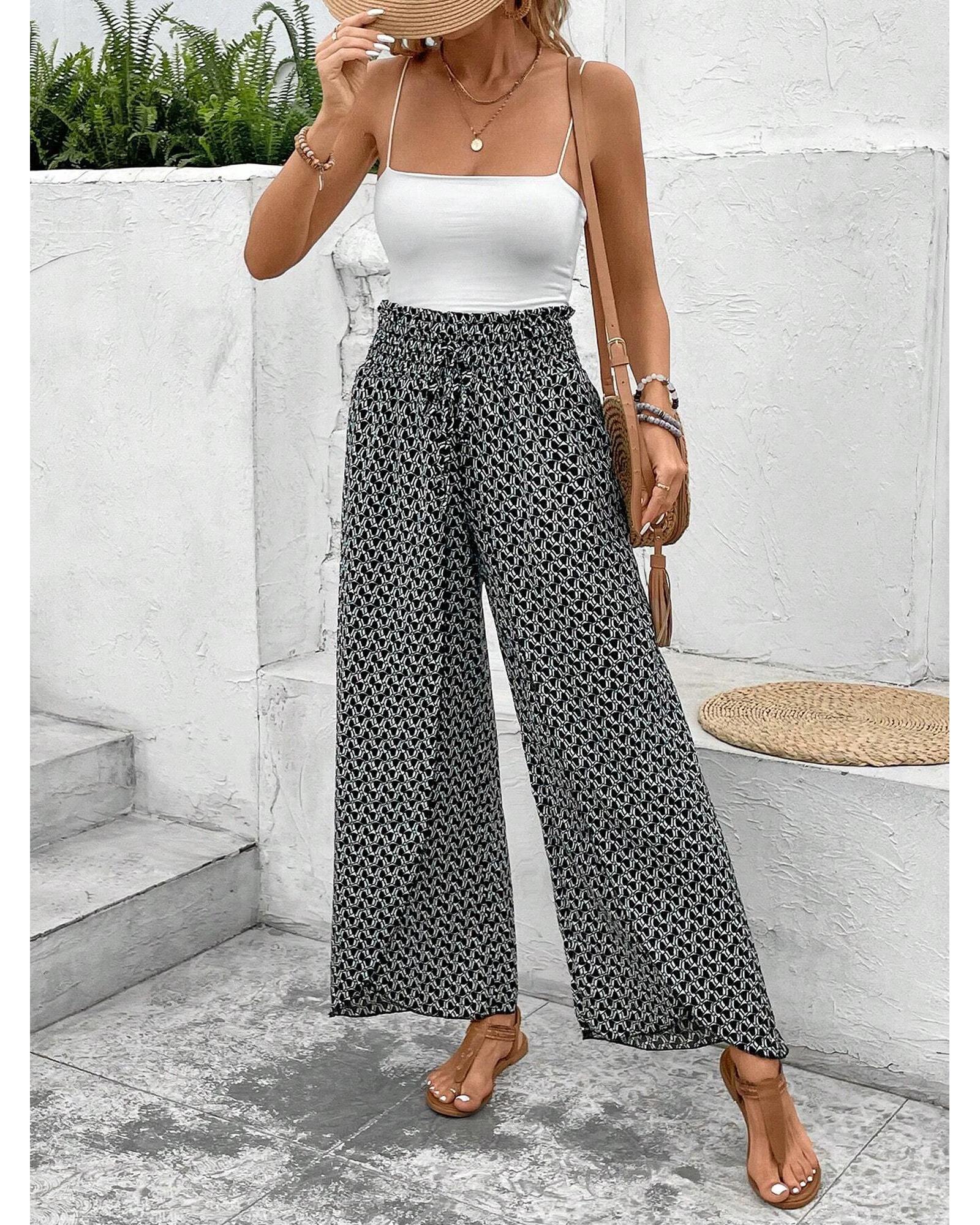 Black Bohemian Print Slit Wide Leg Smocked High Waist Pants - L 5